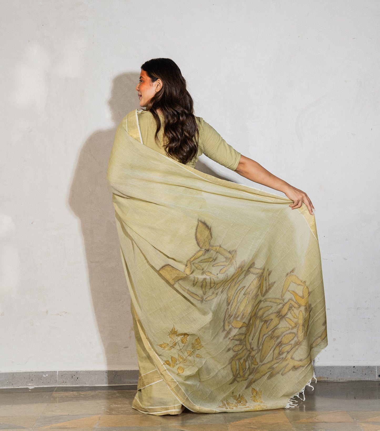 Tiger Design Pallu with Eucalyptus leaves Light Green Cotton Saree (Hand Dyed With Spinach Extract)