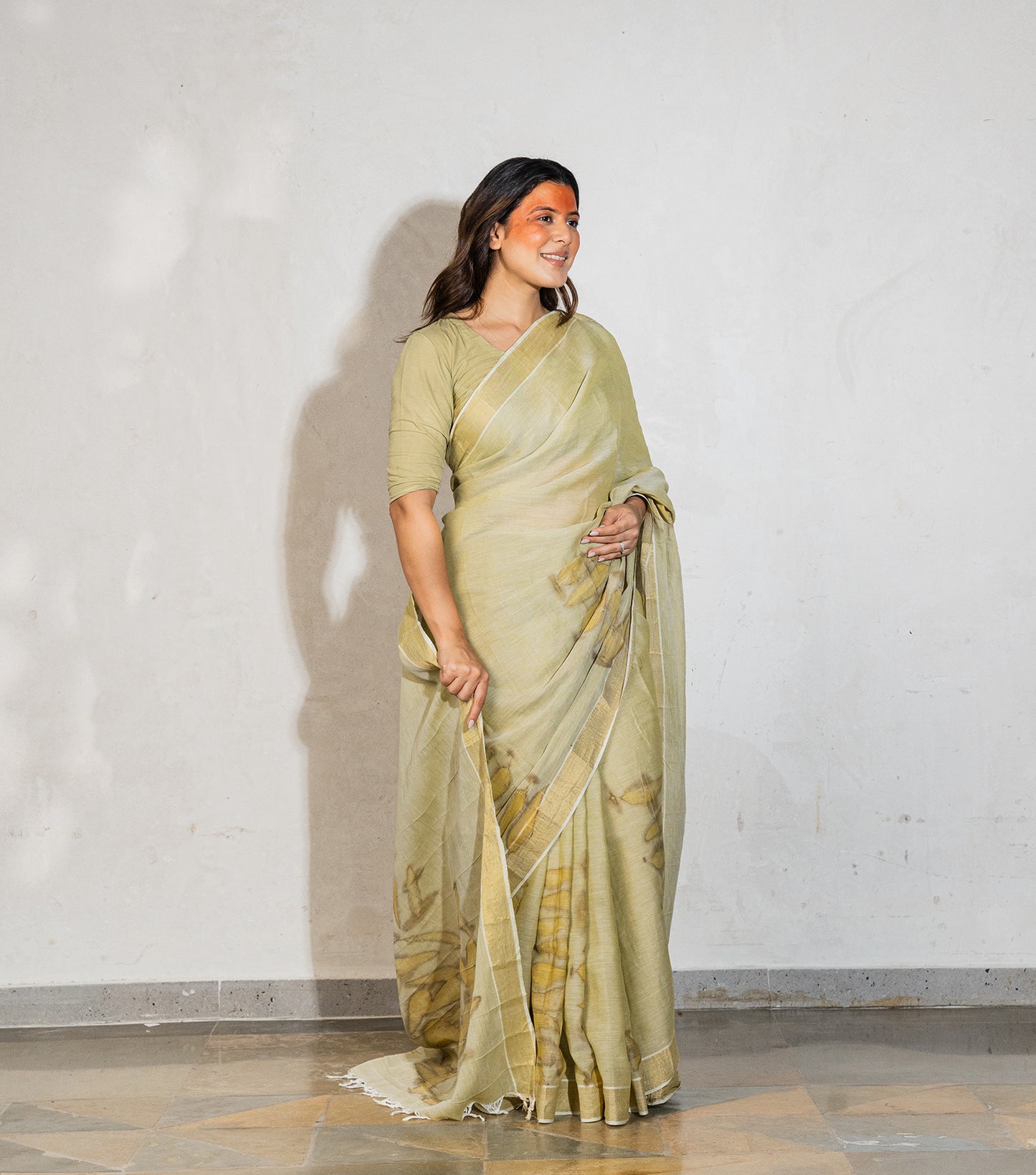 Tiger Design Pallu with Eucalyptus leaves Light Green Cotton Saree (Hand Dyed With Spinach Extract)