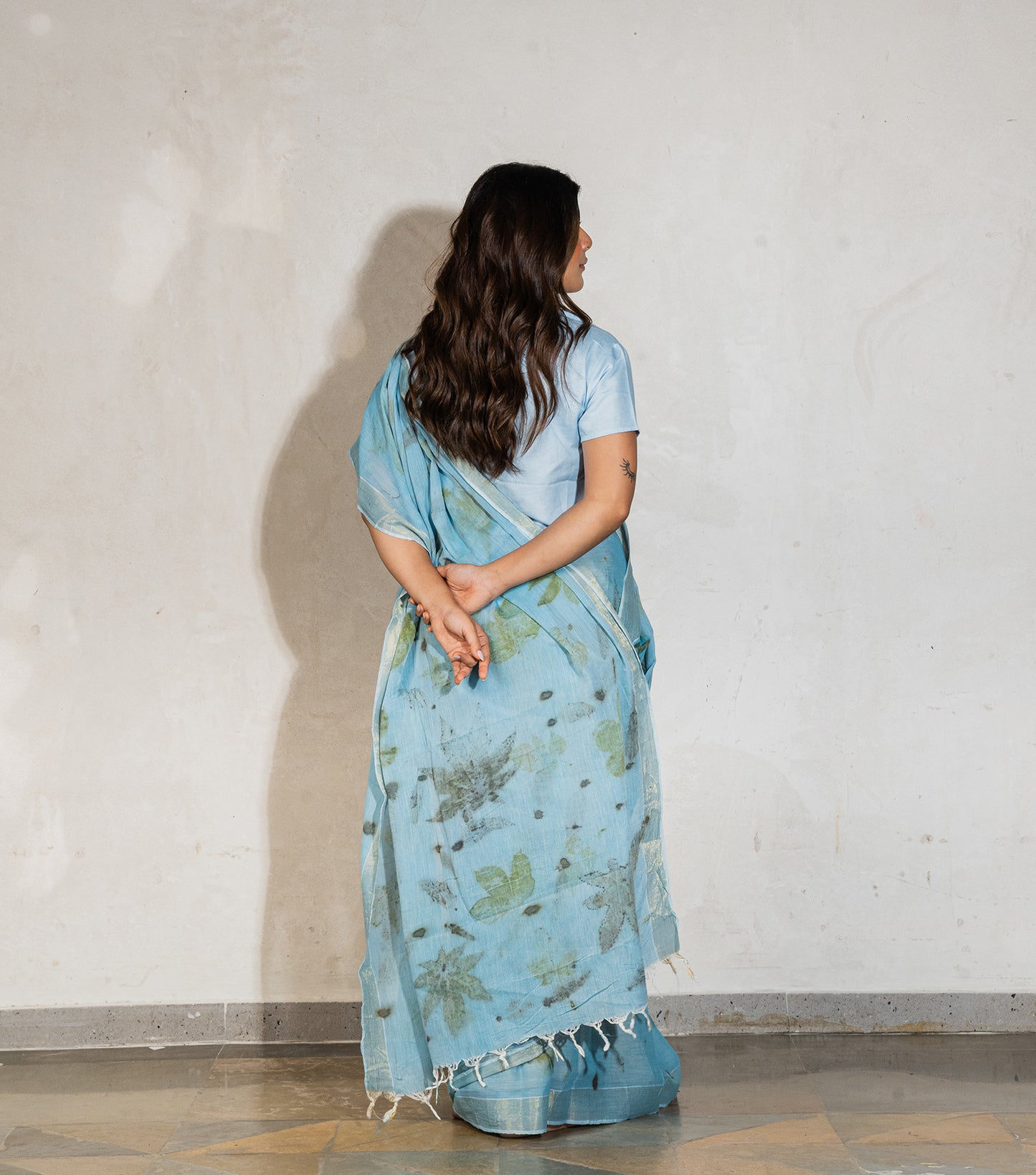 Mix Leaves All Over indigo Blue Cotton Saree (Hand Dyed With Liquid Extracts Of Indigo Leaves)