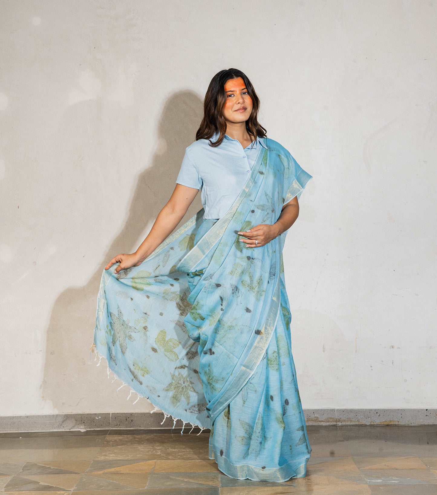 Mix Leaves All Over indigo Blue Cotton Saree (Hand Dyed With Liquid Extracts Of Indigo Leaves)