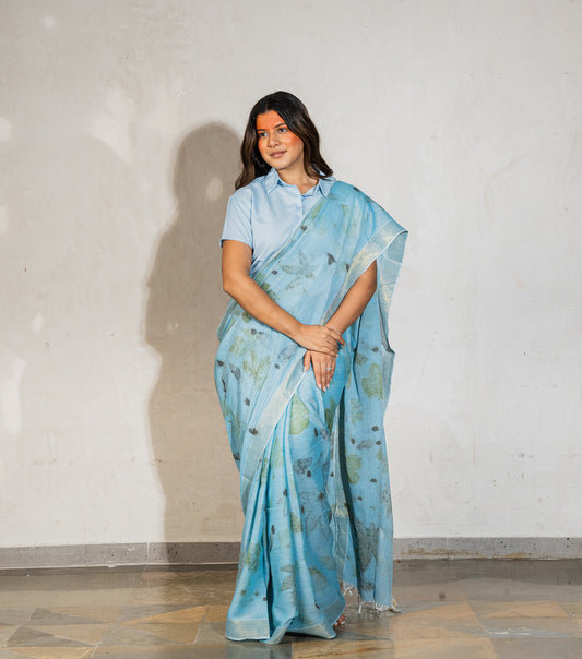 Mix Leaves All Over indigo Blue Cotton Saree (Hand Dyed With Liquid Extracts Of Indigo Leaves)
