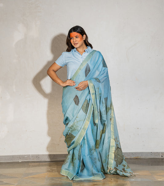 Morni (Peacock) Design Pallu with mix leaves indigo Blue Cotton Saree (Hand Dyed With Liquid Extracts Of Indigo Leaves)