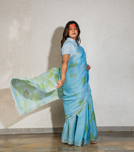 Auro Mandal Design Pallu with mix leaves indigo Blue Cotton Saree (Hand Dyed With Liquid Extracts Of Indigo Leaves)