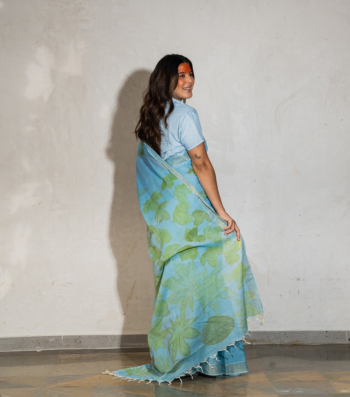 Auro Mandal Design Pallu with mix leaves indigo Blue Cotton Saree (Hand Dyed With Liquid Extracts Of Indigo Leaves)