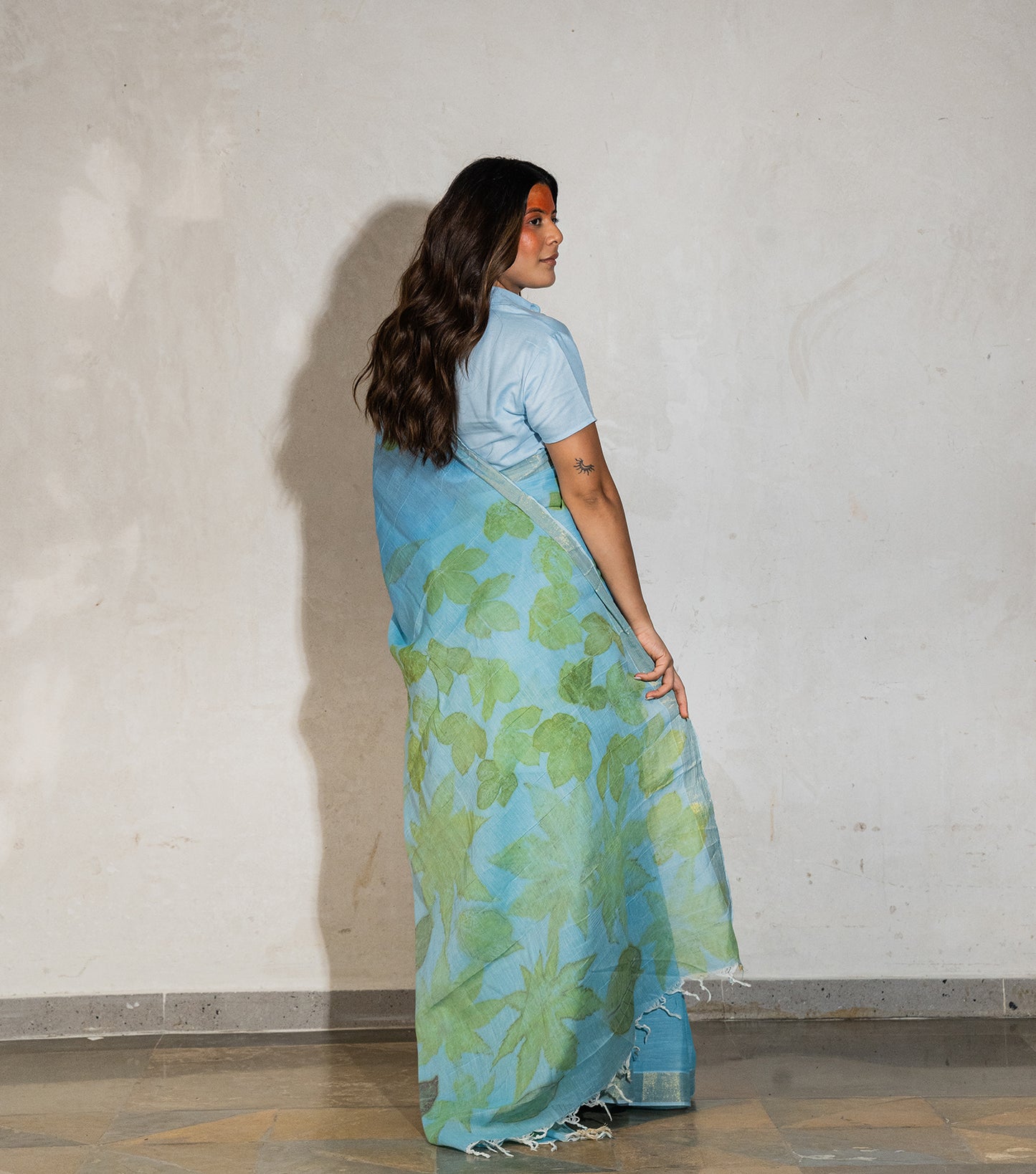 Auro Mandal Design Pallu with mix leaves indigo Blue Cotton Saree (Hand Dyed With Liquid Extracts Of Indigo Leaves)