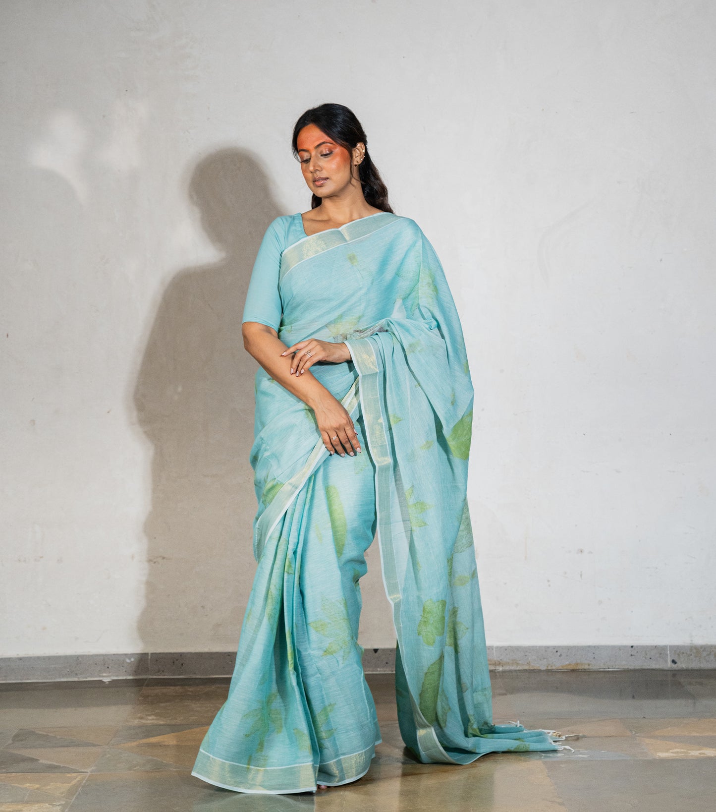 Teak & Jatropha Leaves Pallu Teal Blue Cotton Saree (Hand Dyed With Liquid Extracts Of Indigo Leaves)