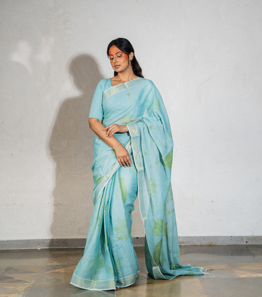 Teak & Jatropha Leaves Pallu Teal Blue Cotton Saree (Hand Dyed With Liquid Extracts Of Indigo Leaves)