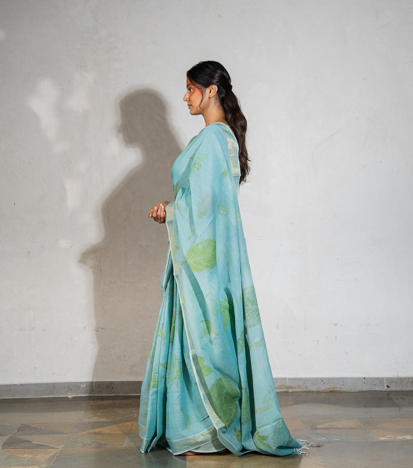 Teak & Jatropha Leaves Pallu Teal Blue Cotton Saree (Hand Dyed With Liquid Extracts Of Indigo Leaves)