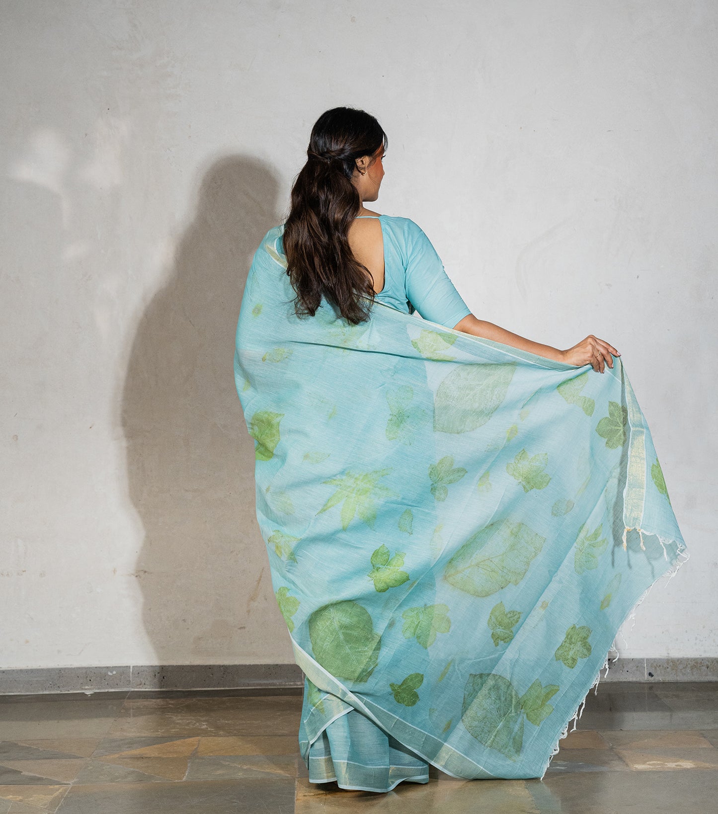 Teak & Jatropha Leaves Pallu Teal Blue Cotton Saree (Hand Dyed With Liquid Extracts Of Indigo Leaves)