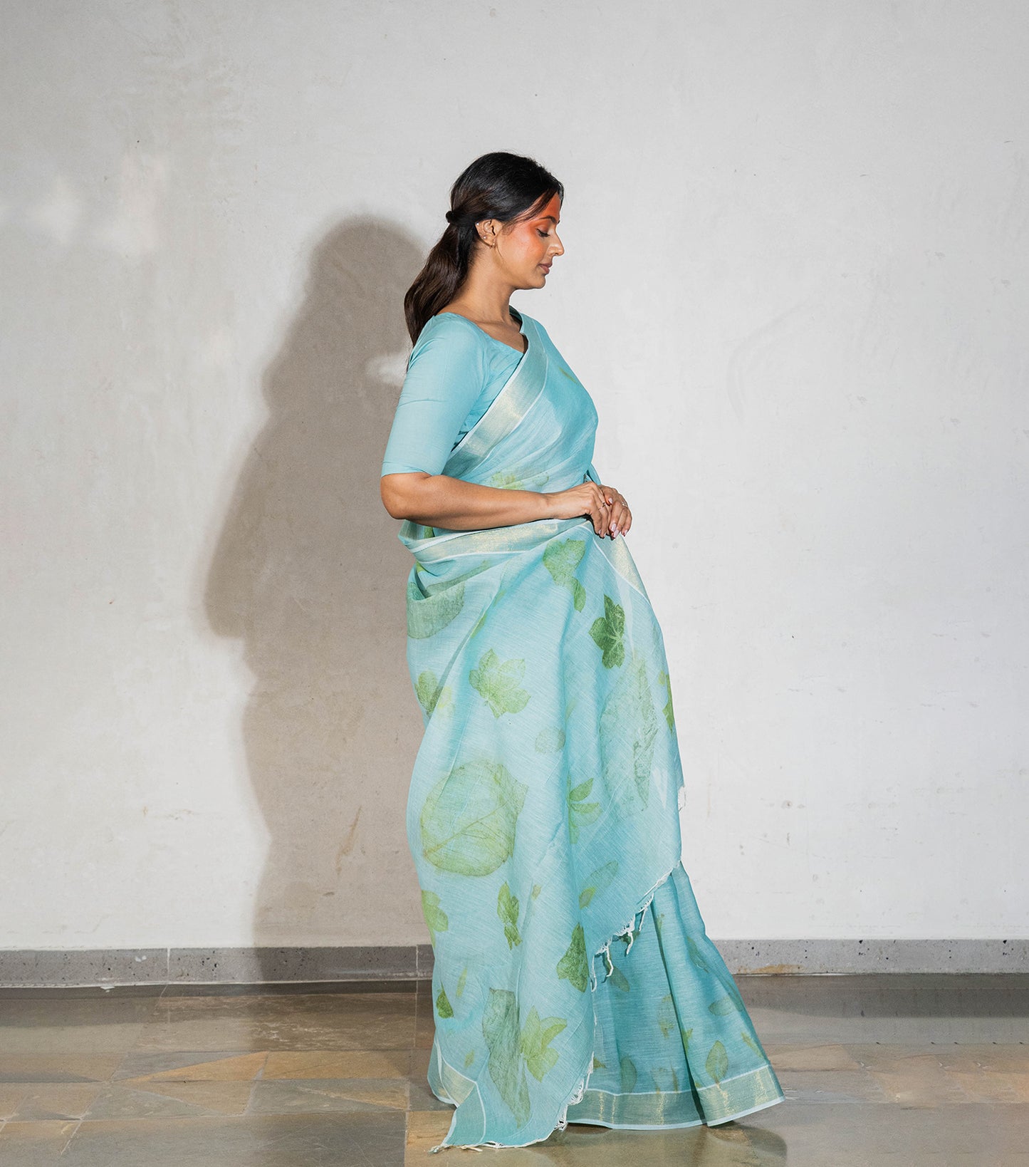 Teak & Jatropha Leaves Pallu Teal Blue Cotton Saree (Hand Dyed With Liquid Extracts Of Indigo Leaves)
