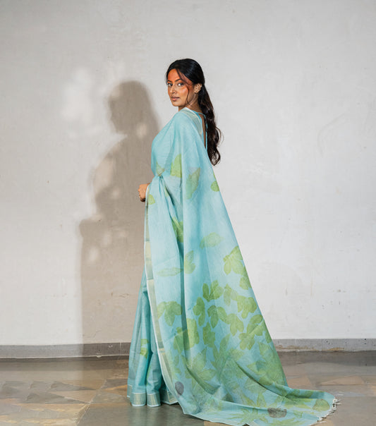 Mix Leaves Pallu Teal Blue Cotton Saree (Hand Dyed With Liquid Extracts Of Indigo Leaves)