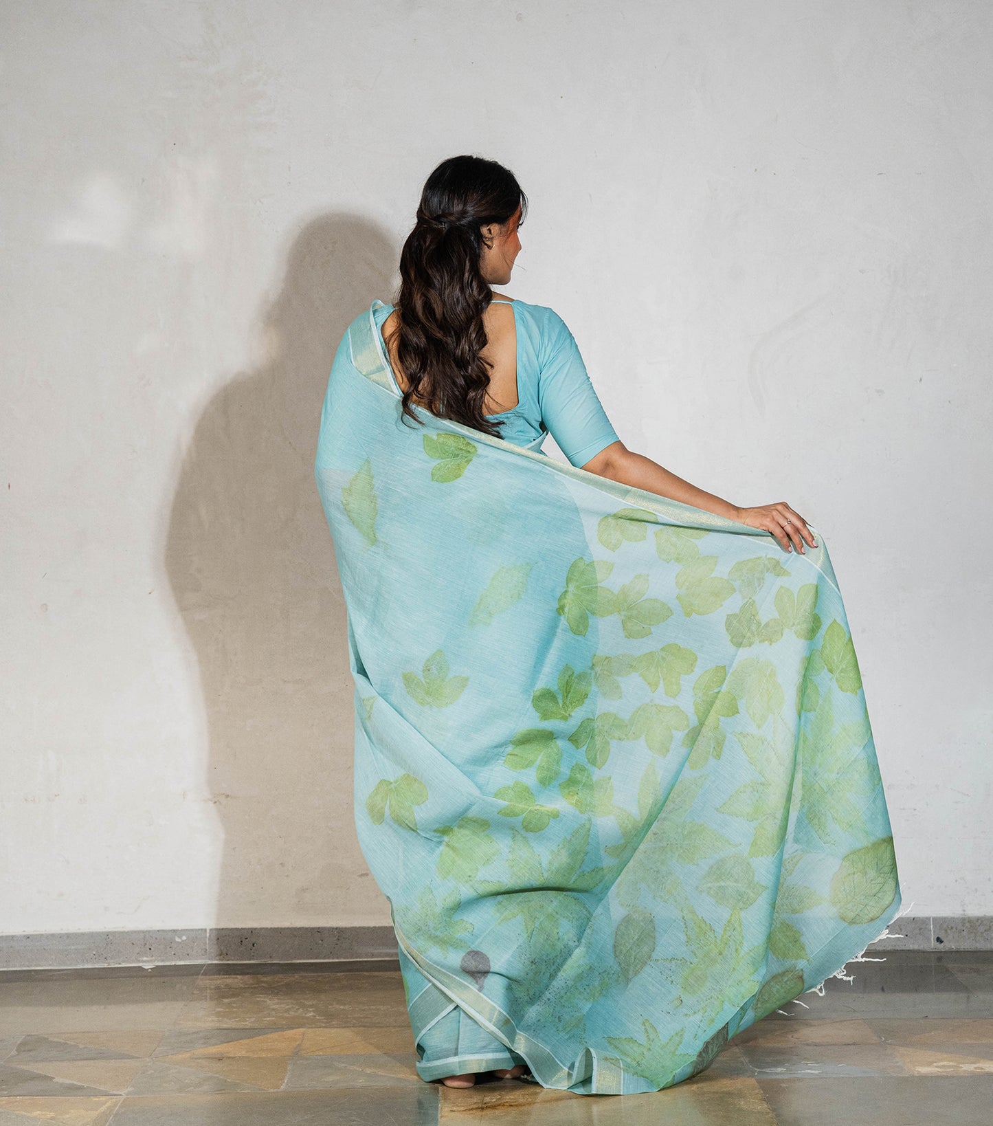 Mix Leaves Pallu Teal Blue Cotton Saree (Hand Dyed With Liquid Extracts Of Indigo Leaves)