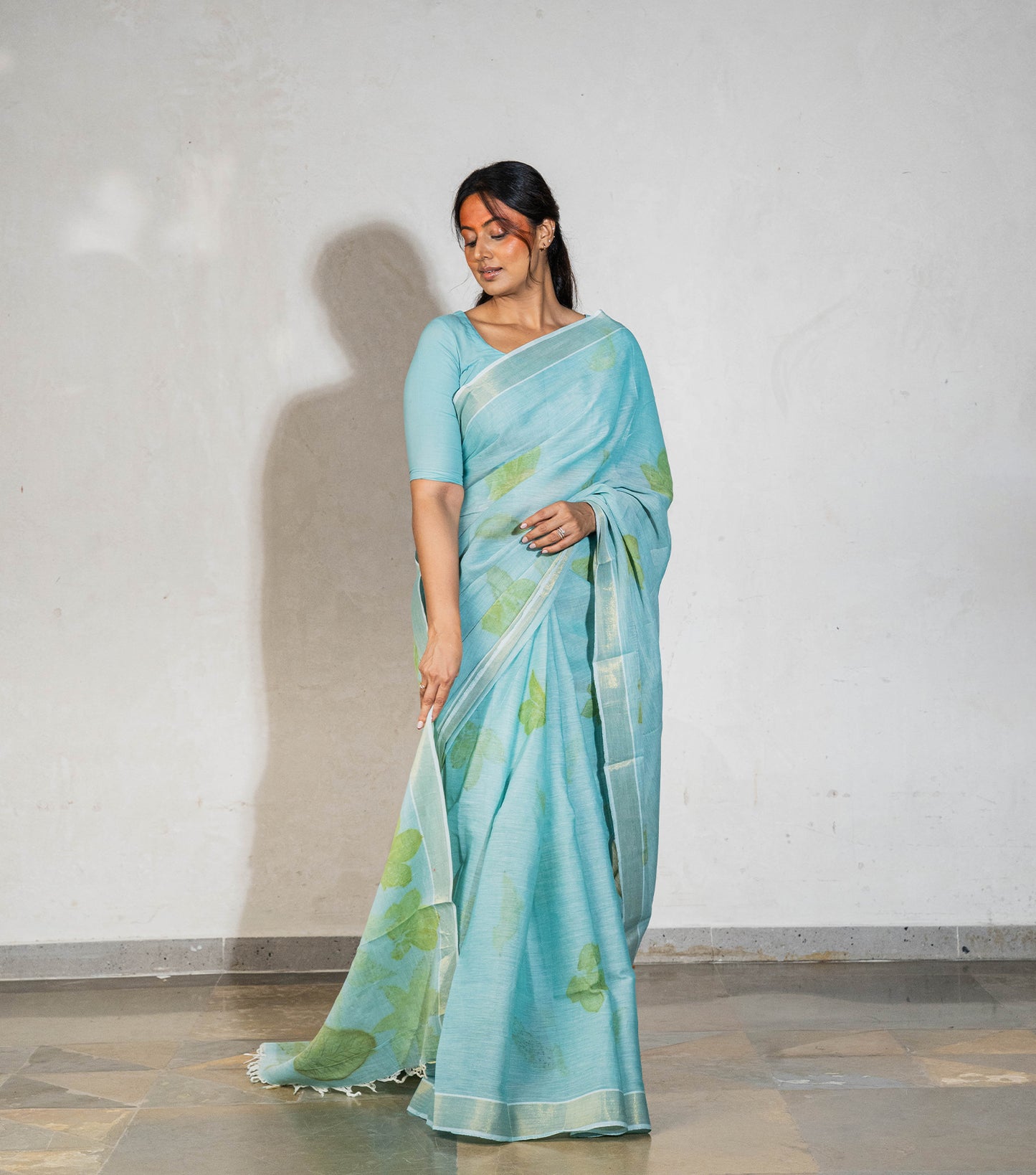 Mix Leaves Pallu Teal Blue Cotton Saree (Hand Dyed With Liquid Extracts Of Indigo Leaves)