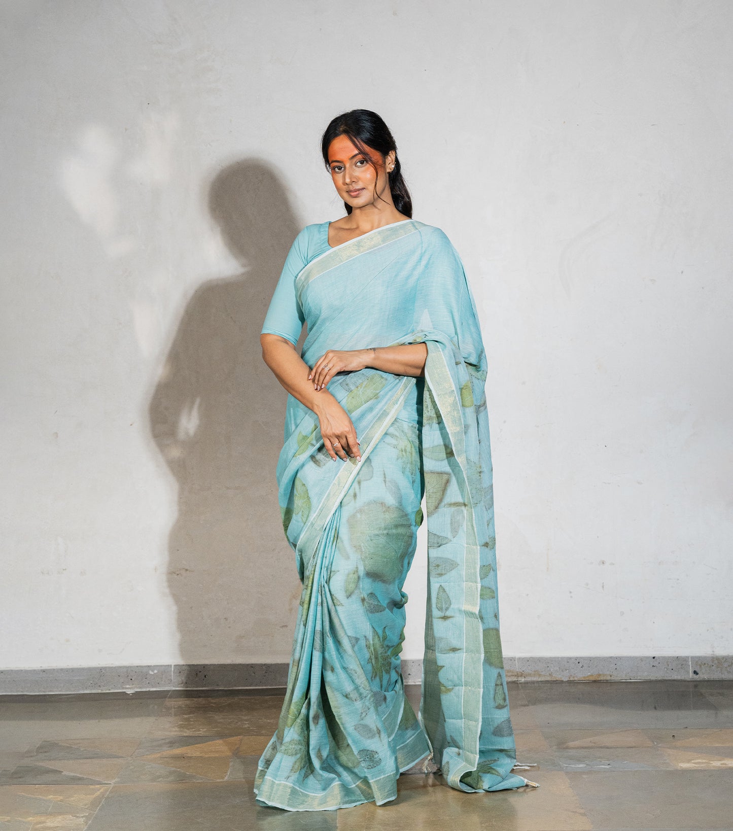 Mounains (Triangle) Design Mix Leaves Teal Blue Cotton Saree (Hand Dyed With Liquid Extracts Of Indigo Leaves)