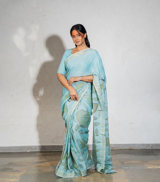Mounains (Triangle) Design Mix Leaves Teal Blue Cotton Saree (Hand Dyed With Liquid Extracts Of Indigo Leaves)