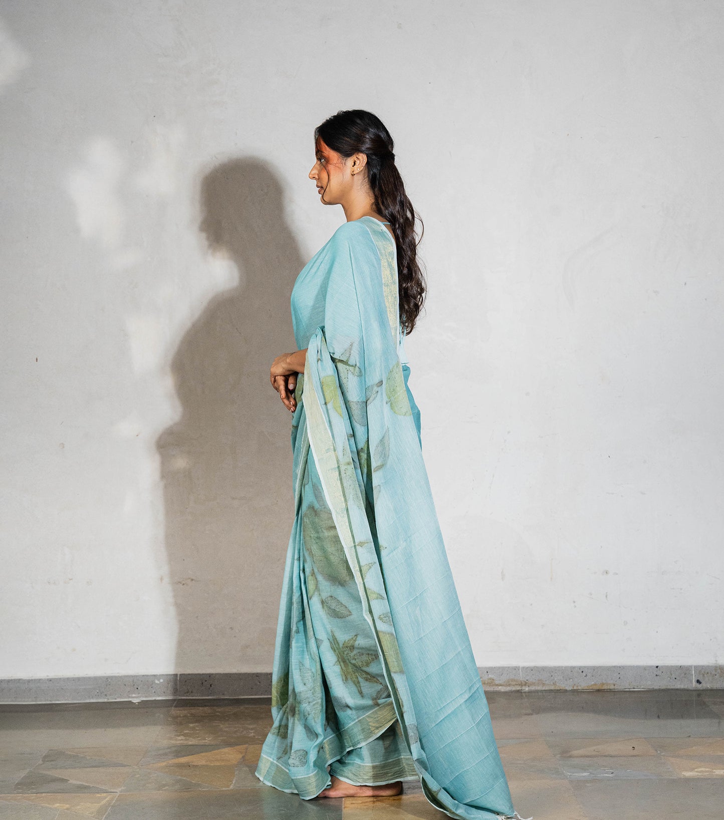Mounains (Triangle) Design Mix Leaves Teal Blue Cotton Saree (Hand Dyed With Liquid Extracts Of Indigo Leaves)