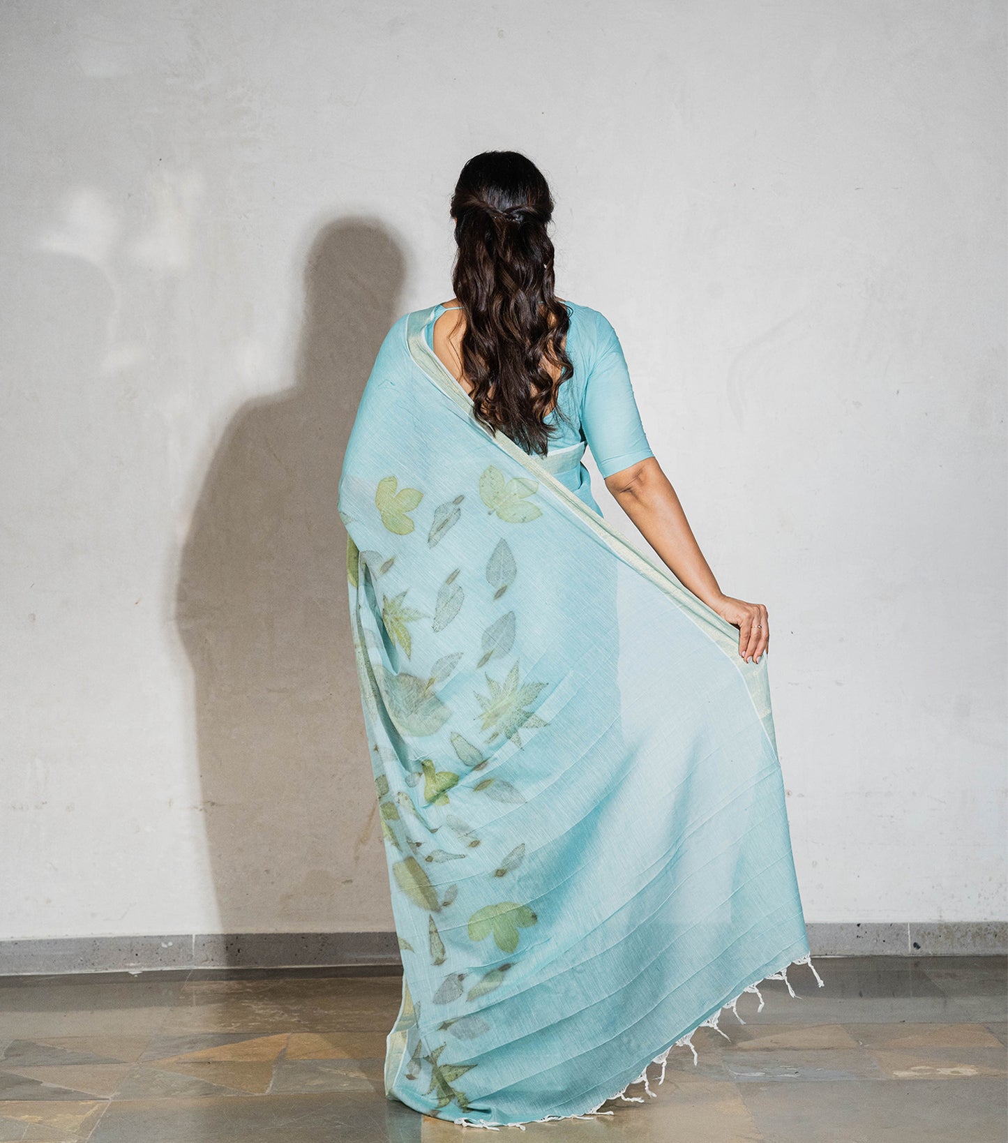 Mounains (Triangle) Design Mix Leaves Teal Blue Cotton Saree (Hand Dyed With Liquid Extracts Of Indigo Leaves)