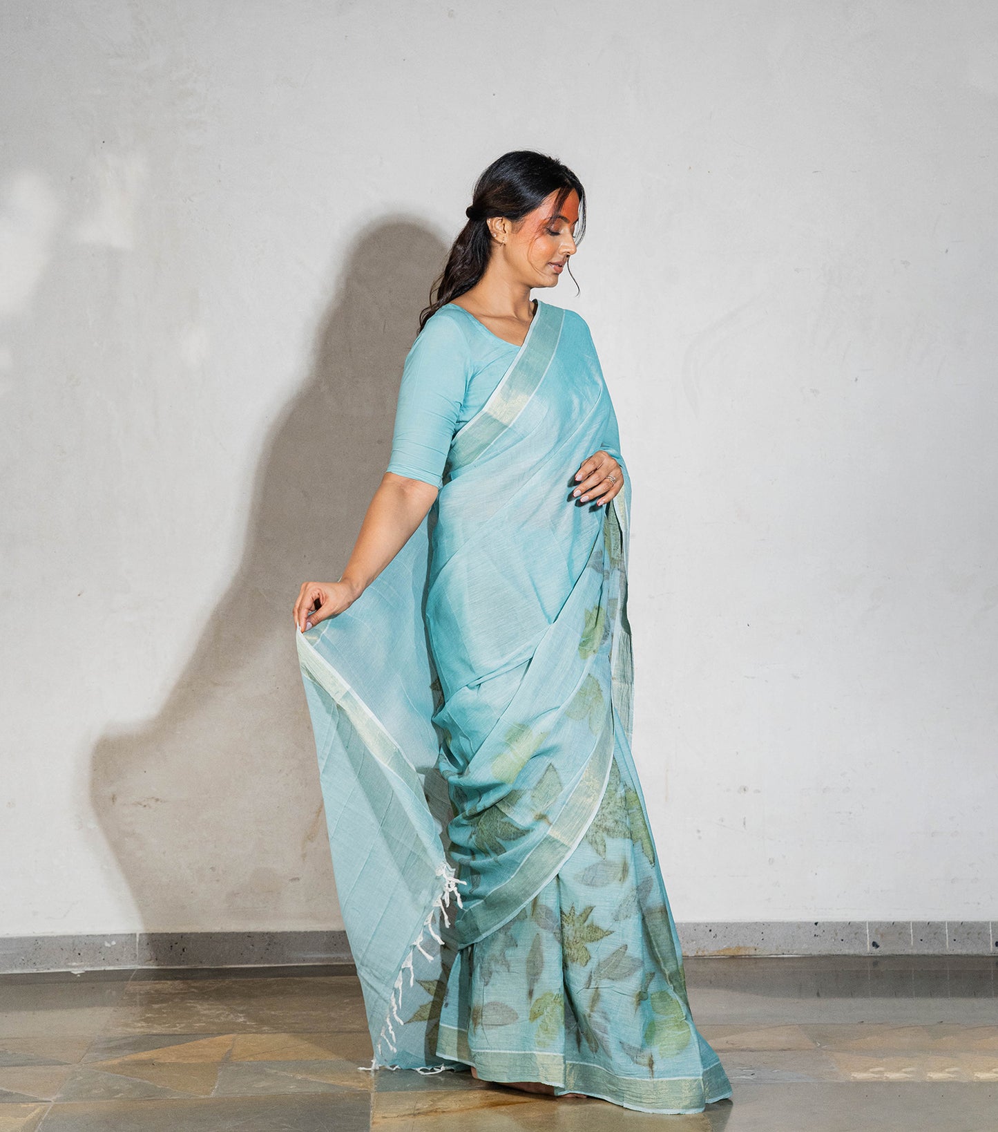 Mounains (Triangle) Design Mix Leaves Teal Blue Cotton Saree (Hand Dyed With Liquid Extracts Of Indigo Leaves)