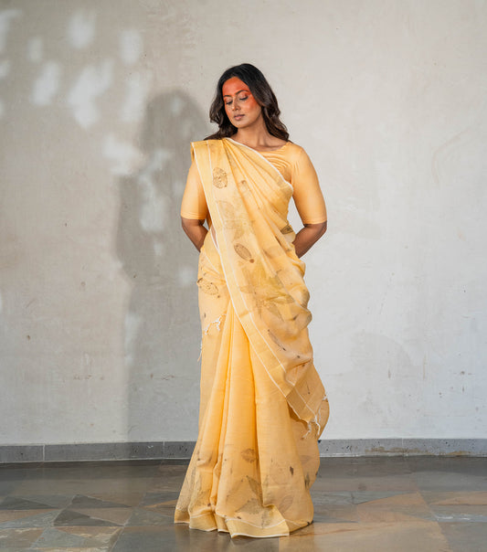 Castor Oil Leaves Pallu & Border Soft Pumpkin Cotton Saree (Hand Dyed With Turmeric)