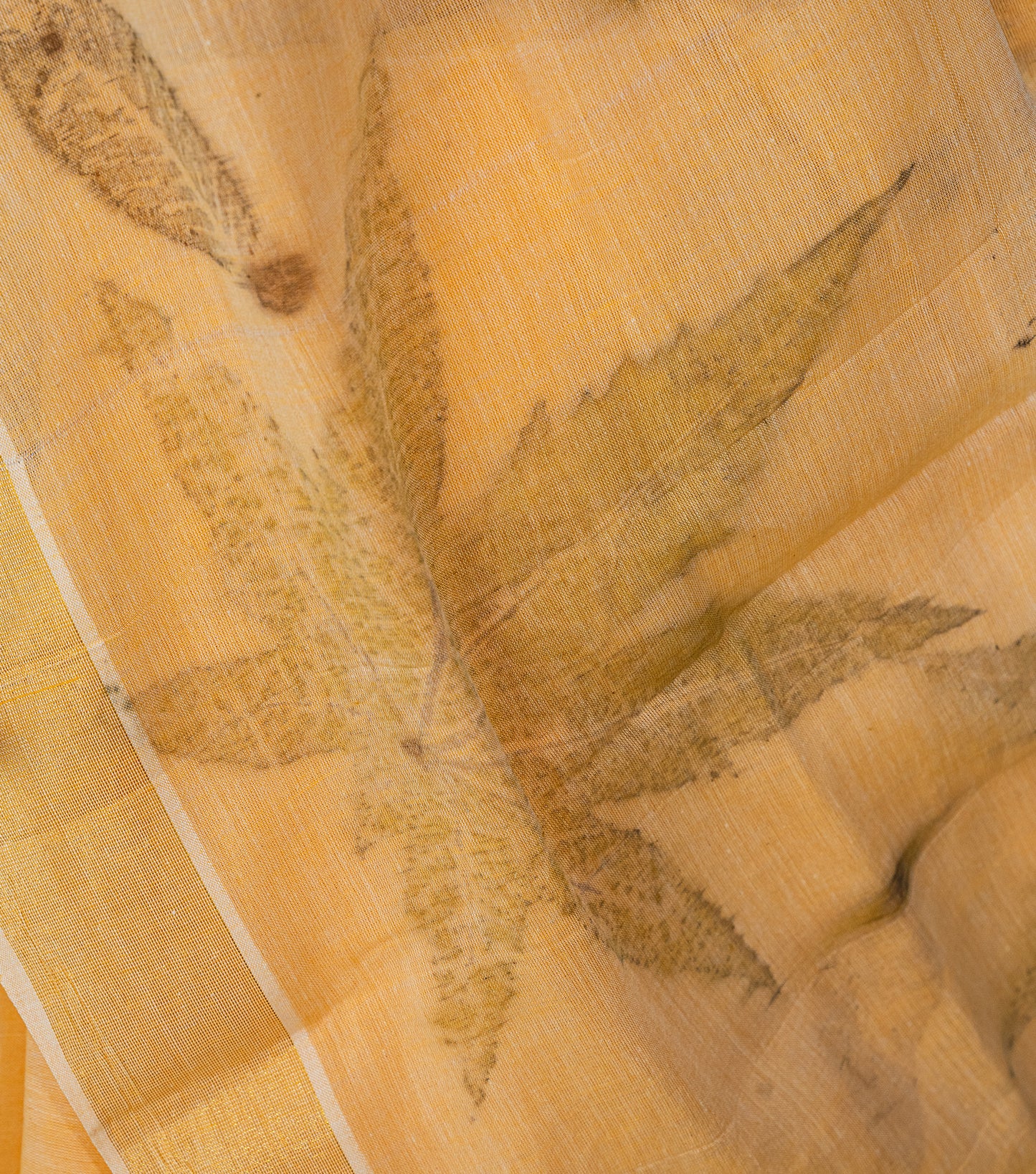 Castor Oil Leaves Pallu & Border Soft Pumpkin Cotton Saree (Hand Dyed With Turmeric)
