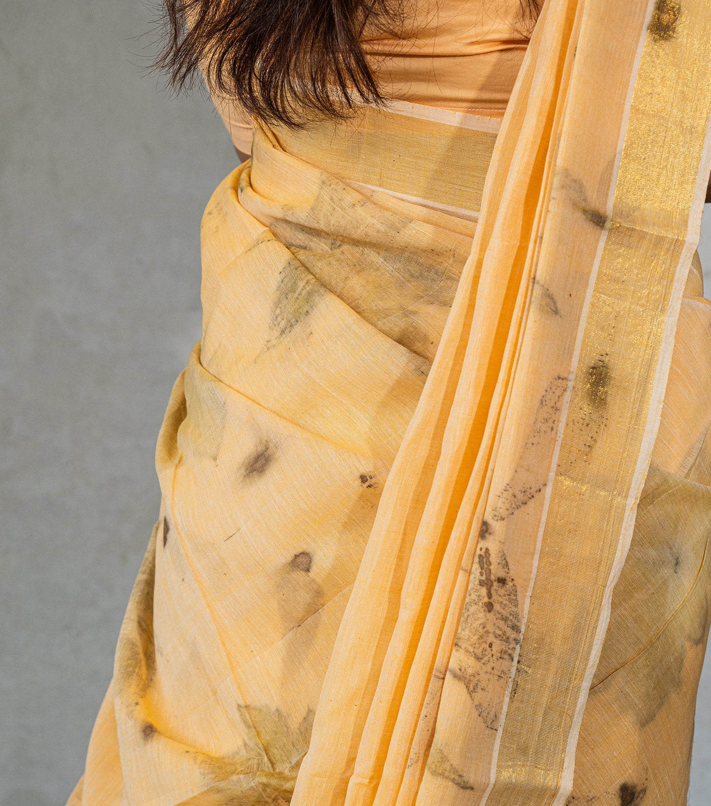 Castor Oil Leaves Pallu & Border Soft Pumpkin Cotton Saree (Hand Dyed With Turmeric)