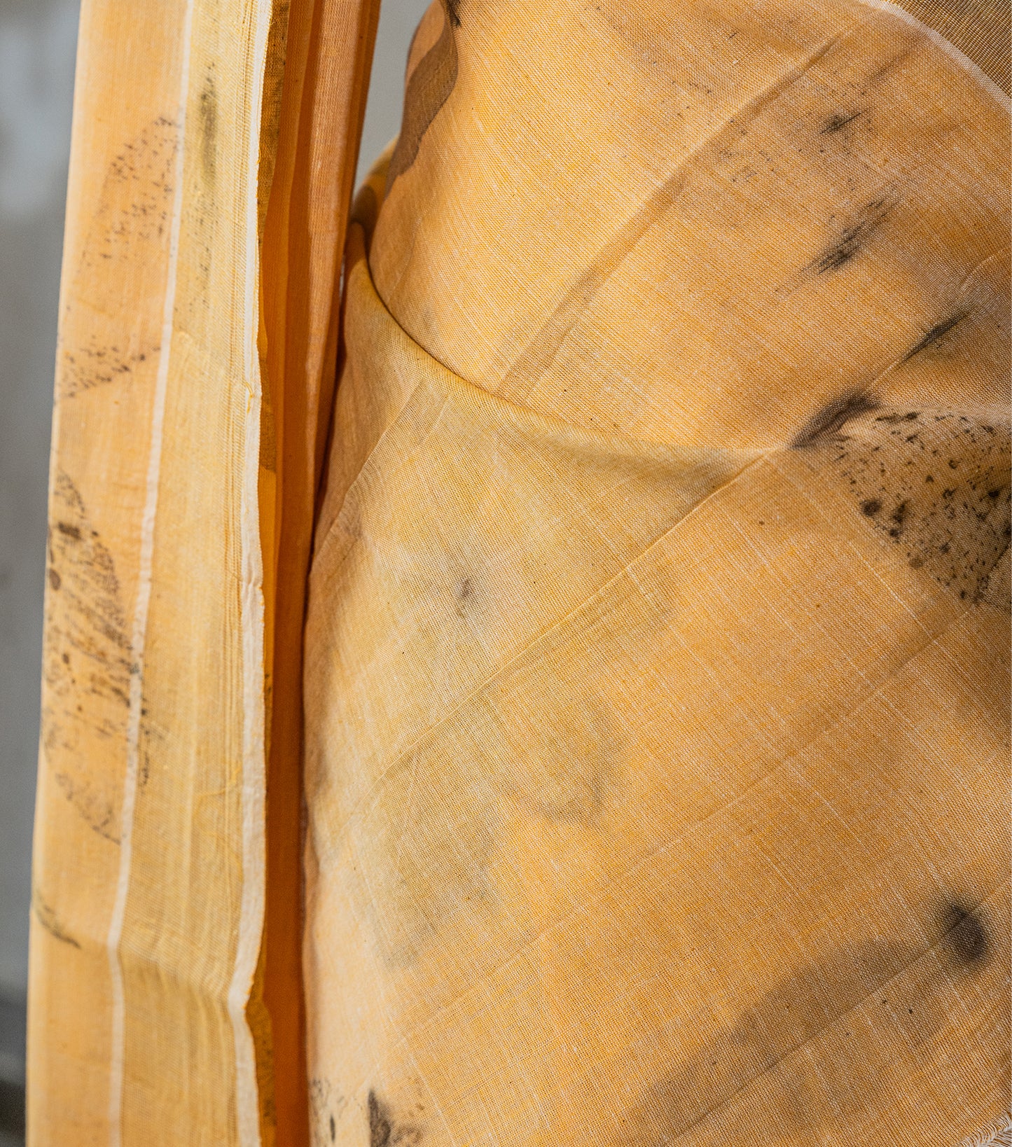 Castor Oil Leaves Pallu & Border Soft Pumpkin Cotton Saree (Hand Dyed With Turmeric)