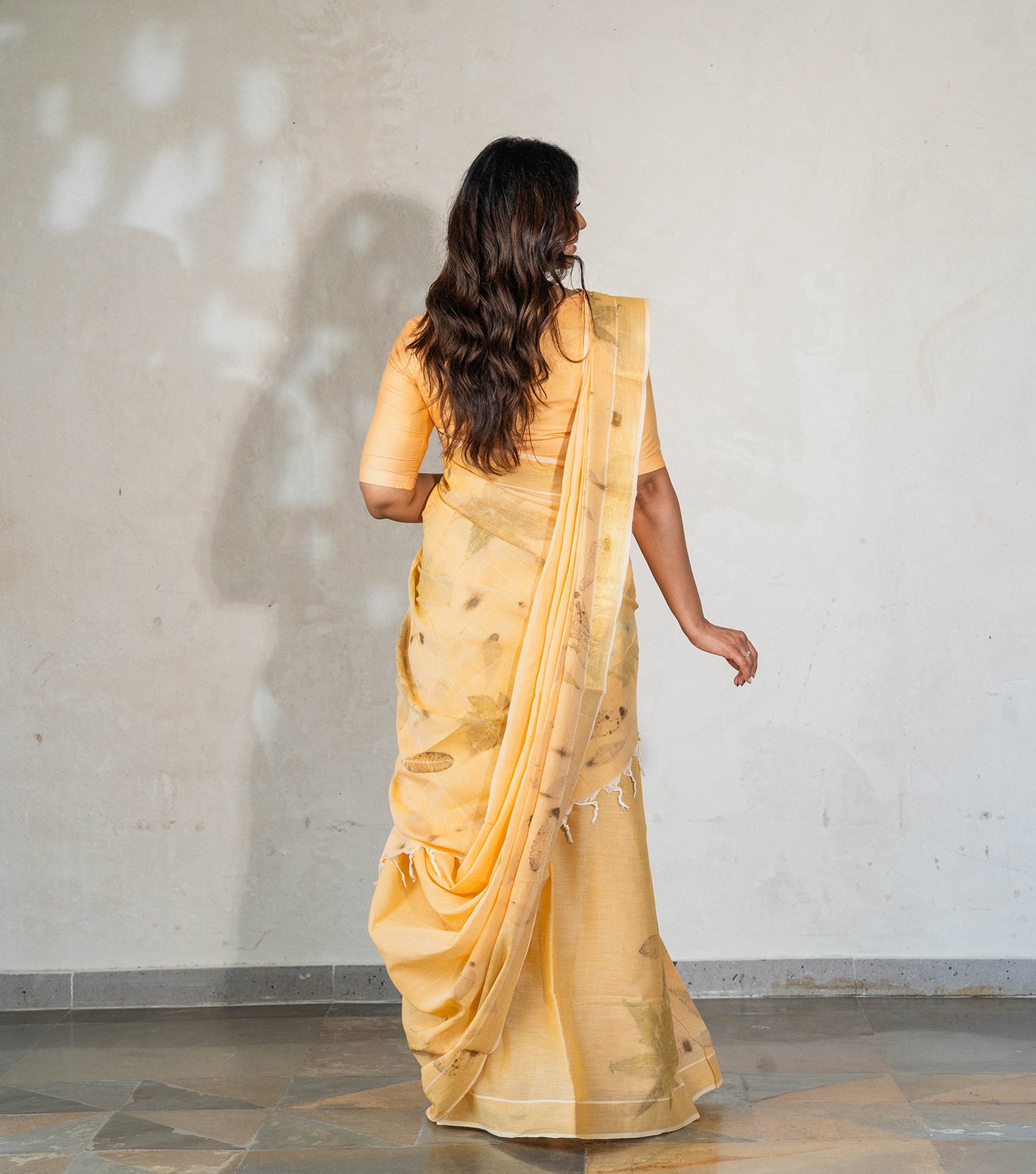 Castor Oil Leaves Pallu & Border Soft Pumpkin Cotton Saree (Hand Dyed With Turmeric)