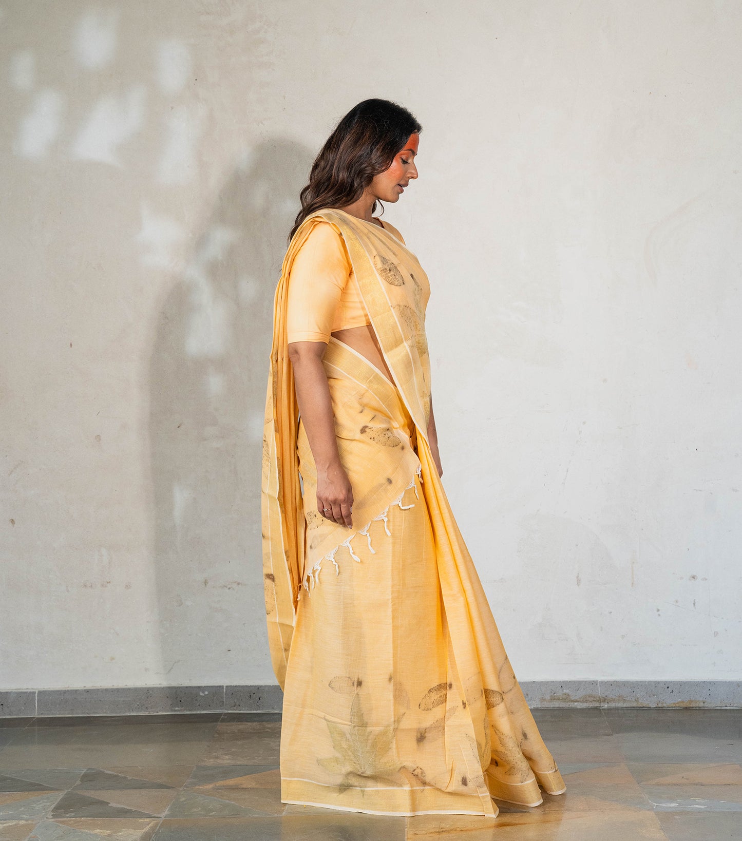 Castor Oil Leaves Pallu & Border Soft Pumpkin Cotton Saree (Hand Dyed With Turmeric)