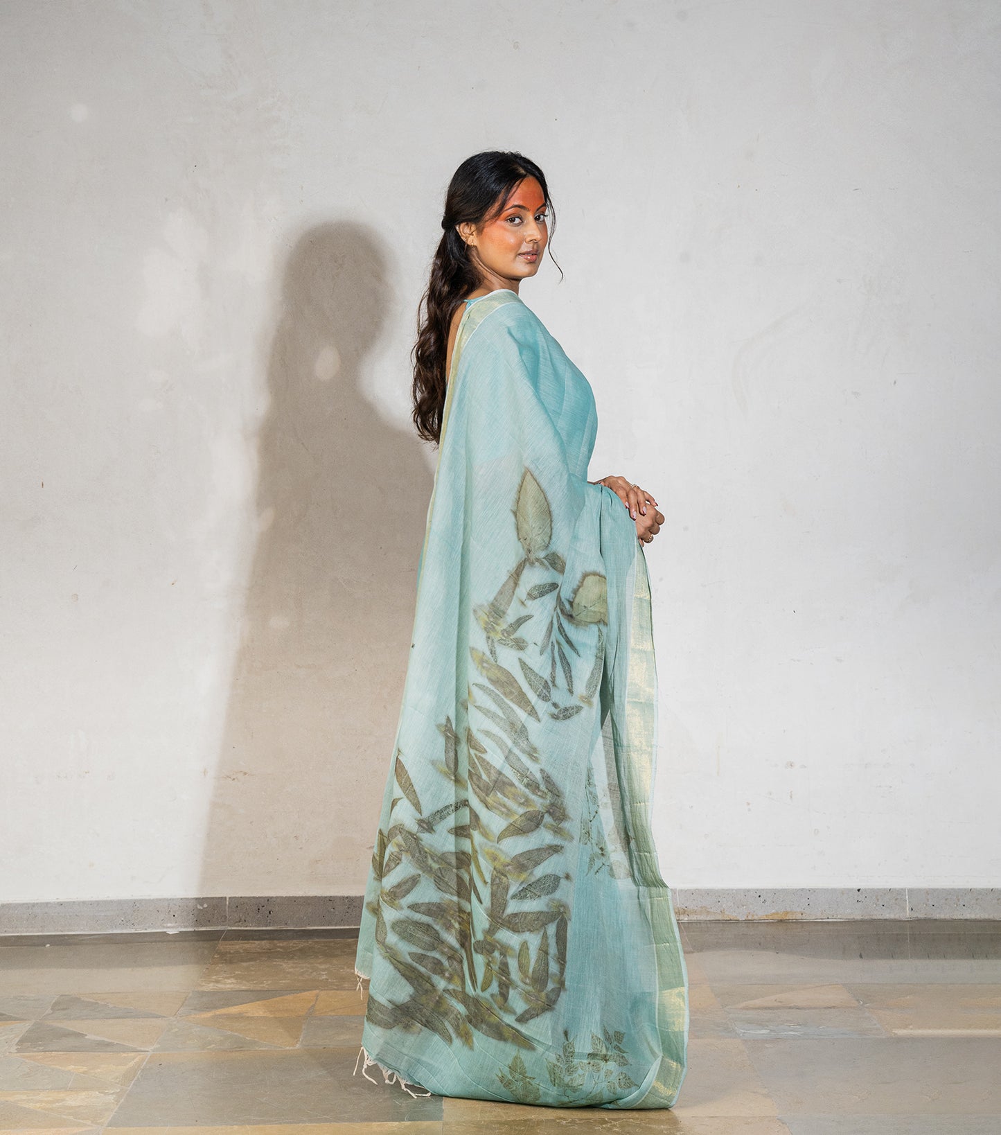 Tiger Design Eucalyptus Leaves Teal Blue Cotton Saree (Hand Dyed With Liquid Extracts Of Indigo Leaves)
