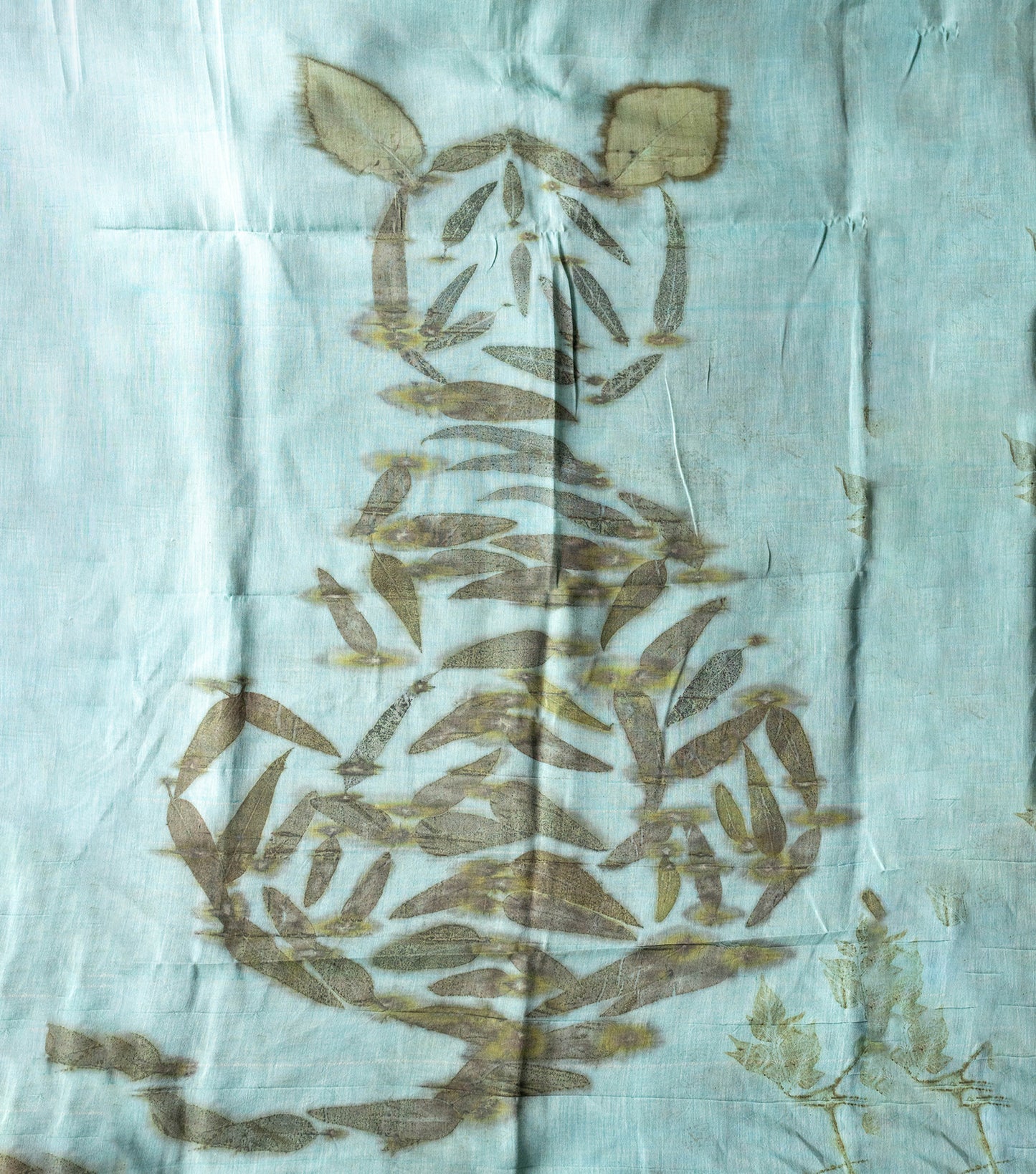 Tiger Design Eucalyptus Leaves Teal Blue Cotton Saree (Hand Dyed With Liquid Extracts Of Indigo Leaves)
