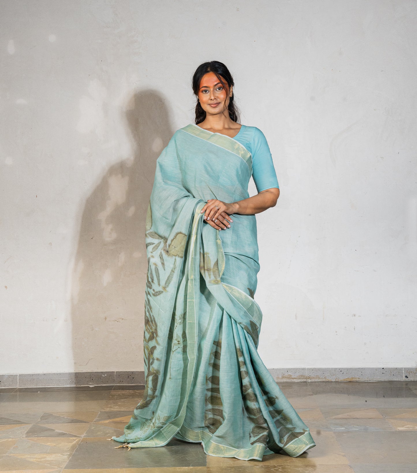 Tiger Design Eucalyptus Leaves Teal Blue Cotton Saree (Hand Dyed With Liquid Extracts Of Indigo Leaves)