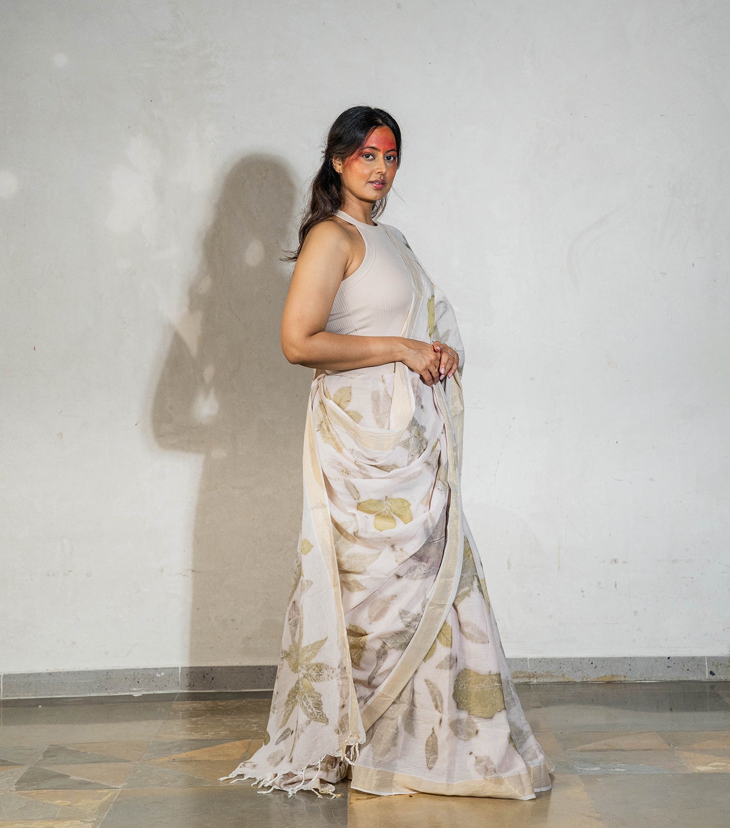 Mix Leaves All Over Milky Pink Cotton Saree (Hand Dyed With Harde Manjeestha Roots)
