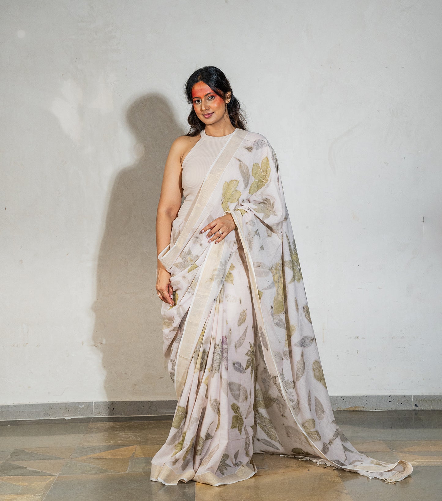 Mix Leaves All Over Milky Pink Cotton Saree (Hand Dyed With Harde Manjeestha Roots)