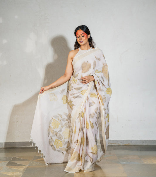 Mix Leaves All Over Auro Mandal Pallu Milky Pink Cotton Saree (Hand Dyed With Manjeestha Roots)