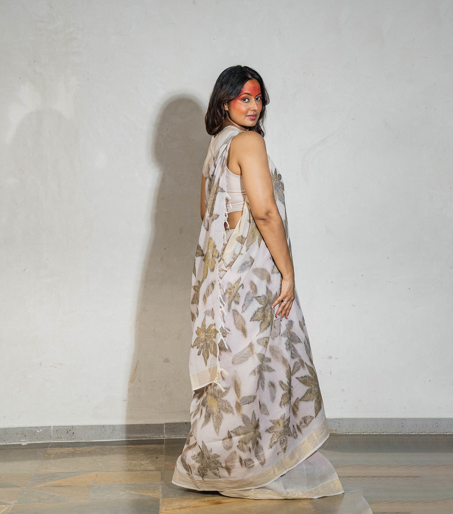 Castor oil Leaves Big Pallu Milky Pink Cotton Saree (Hand Dyed With Manjeestha Roots)