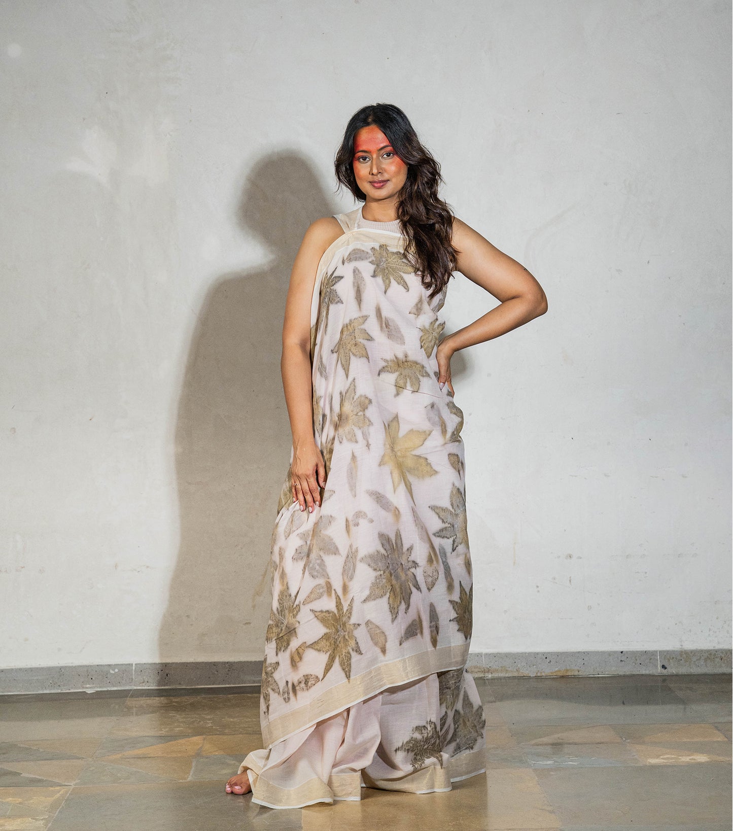 Castor oil Leaves Big Pallu Milky Pink Cotton Saree (Hand Dyed With Manjeestha Roots)