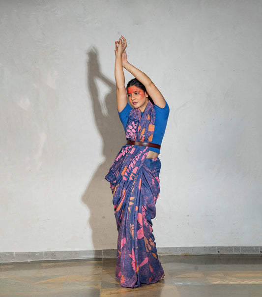 Mix Leaves All Bright Indigo Crush Cotton Saree (Hand Dyed With Indigo Powder & Manjeestha Roots)