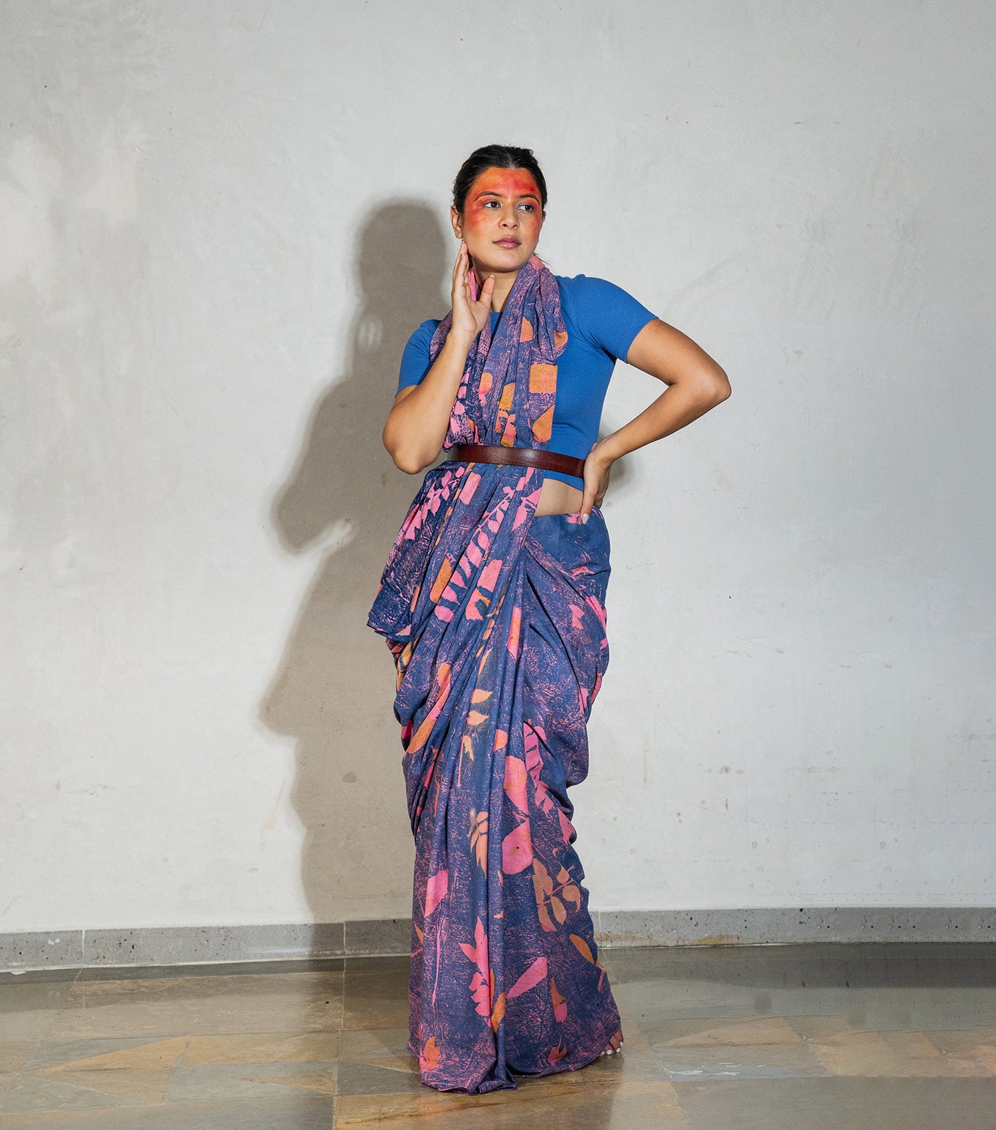 Mix Leaves All Bright Indigo Crush Cotton Saree (Hand Dyed With Indigo Powder & Manjeestha Roots)