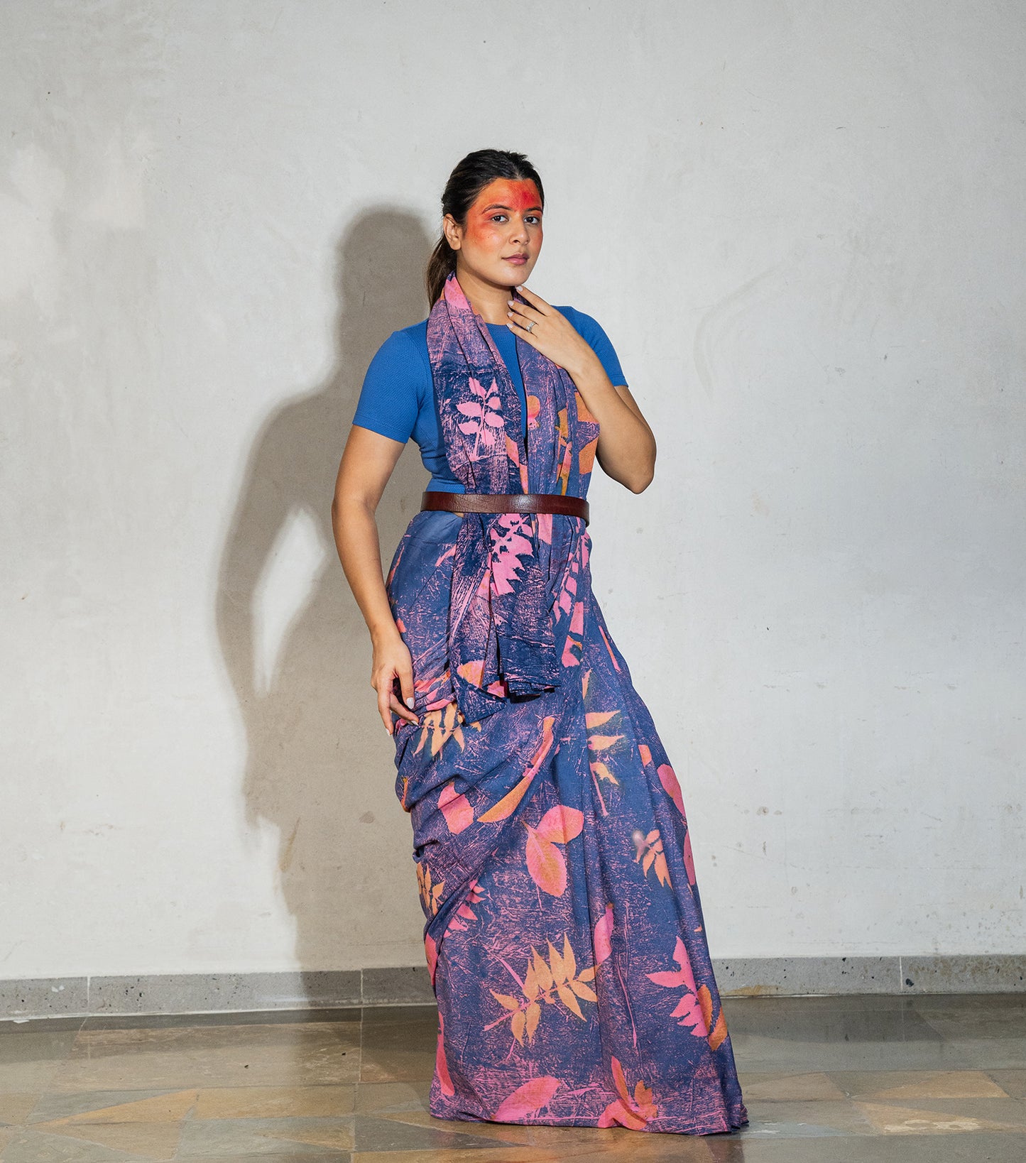 Mix Leaves All Bright Indigo Crush Cotton Saree (Hand Dyed With Indigo Powder & Manjeestha Roots)