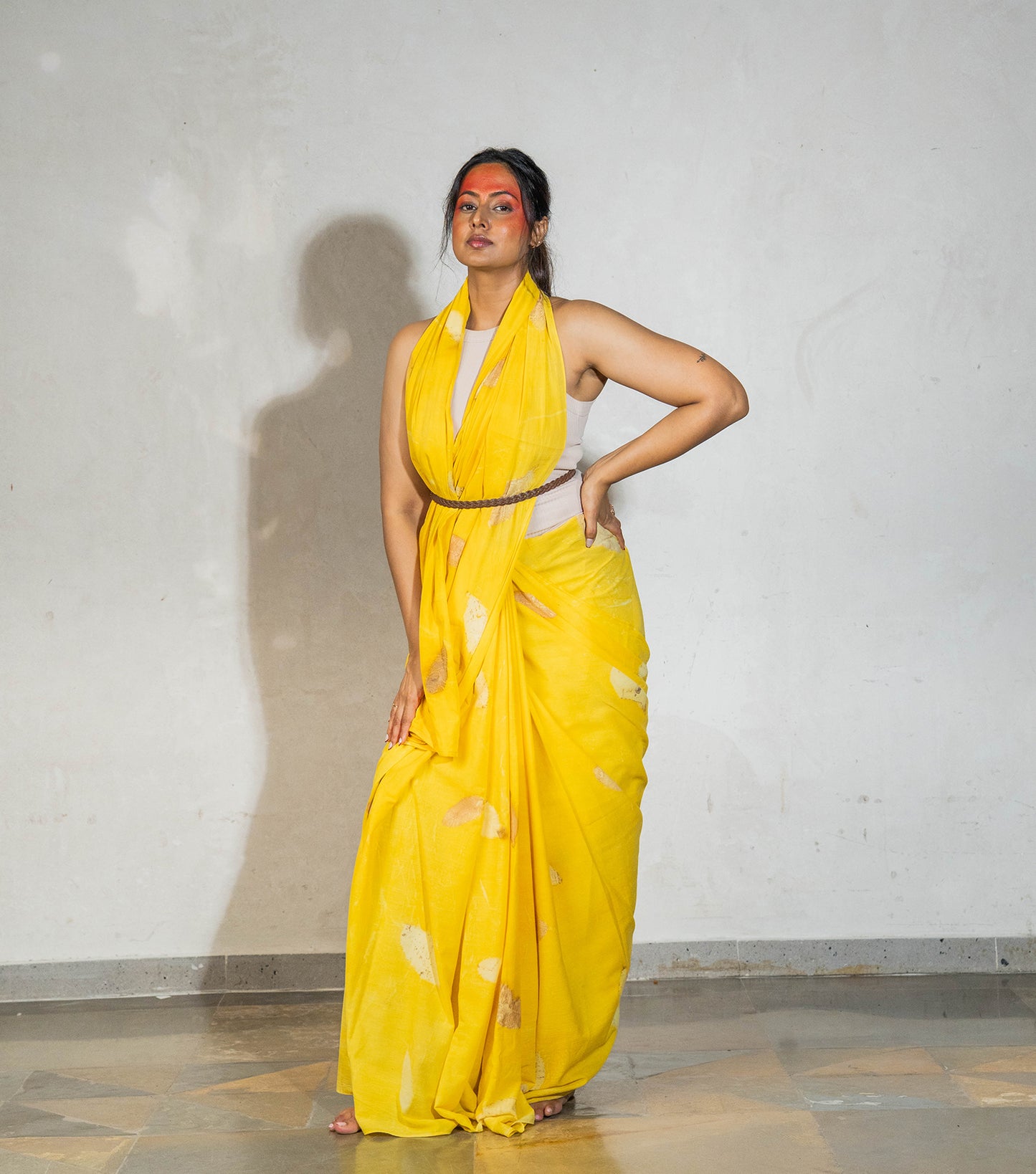 Guava Leaves All Over Banana Yellow Cotton Saree (Hand Dyed With Jackfruit Extracts)