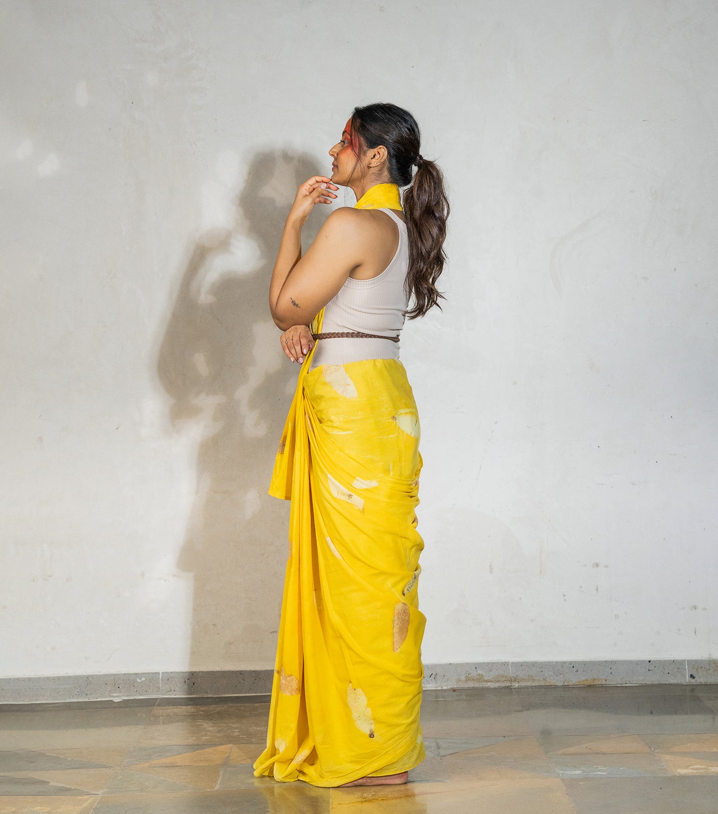 Guava Leaves All Over Banana Yellow Cotton Saree (Hand Dyed With Jackfruit Extracts)