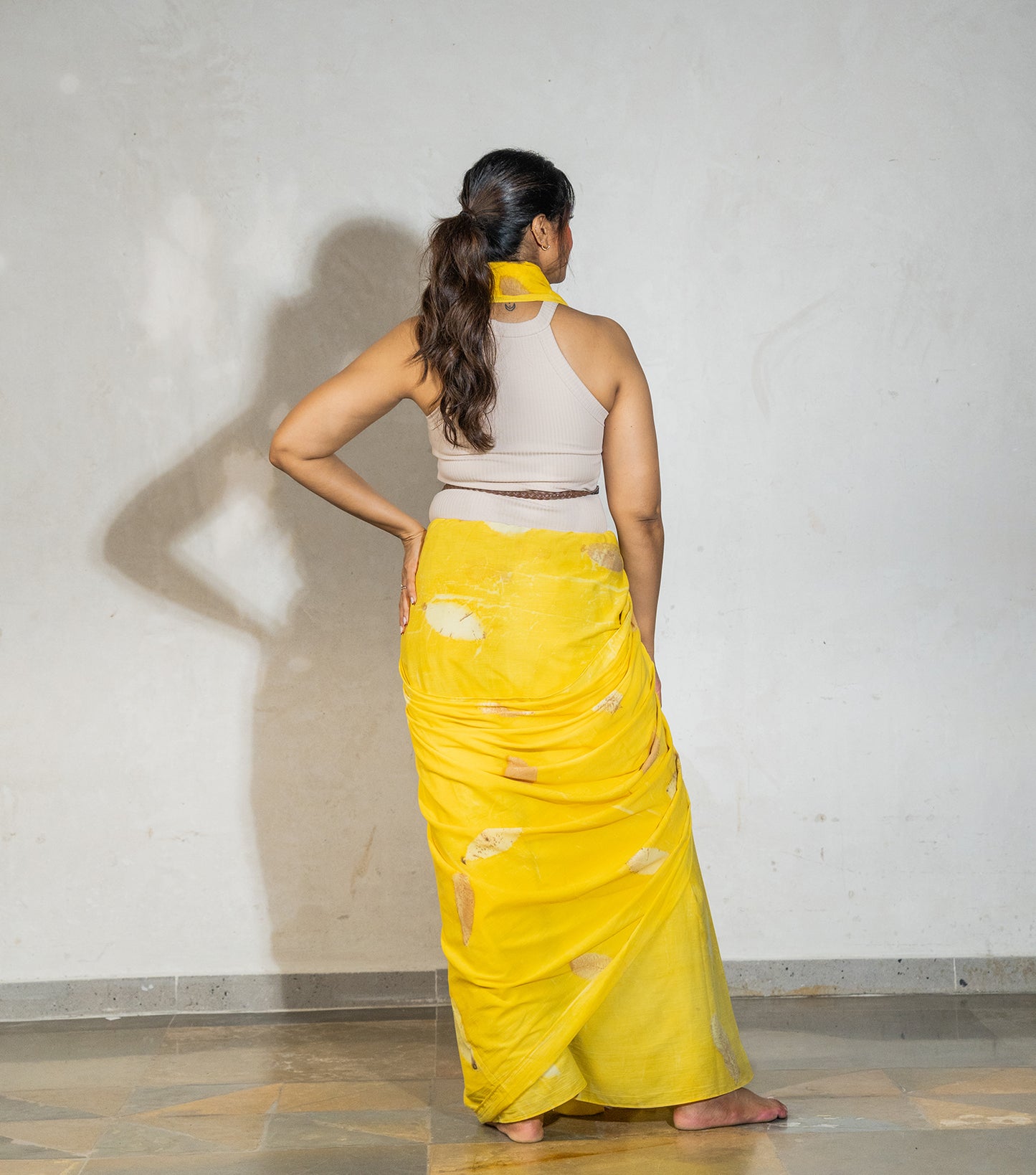 Guava Leaves All Over Banana Yellow Cotton Saree (Hand Dyed With Jackfruit Extracts)