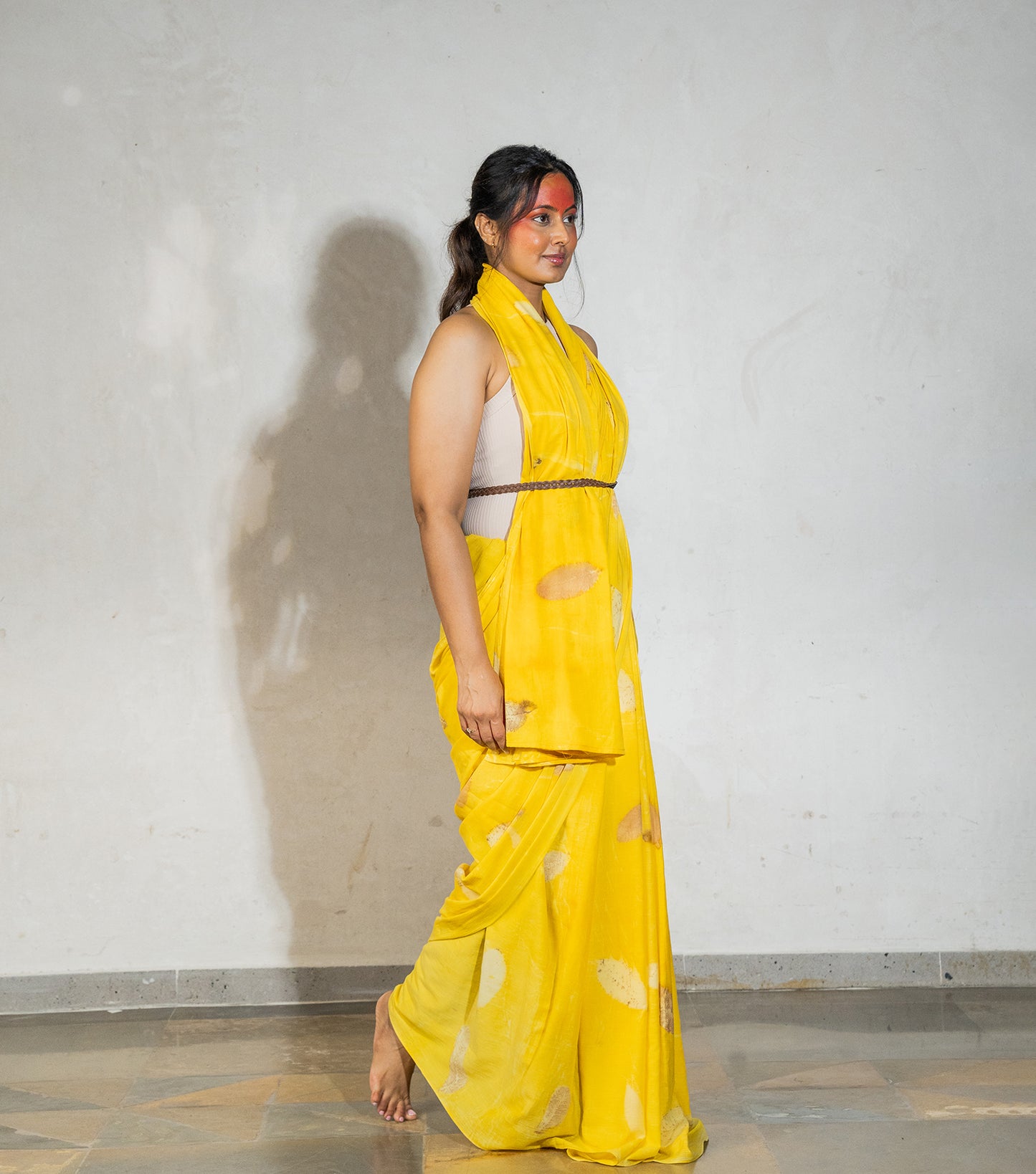 Guava Leaves All Over Banana Yellow Cotton Saree (Hand Dyed With Jackfruit Extracts)
