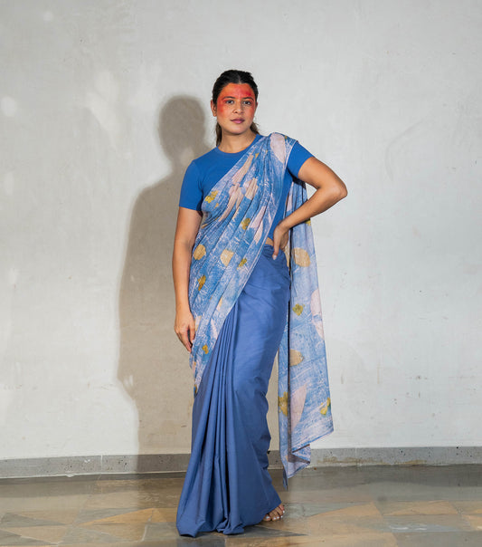 Guava Leaves Half Printed & Half Plain Design Denim Blue Modal Saree ( Hand Dyed With Indigo Powder & Manjeestha Roots)