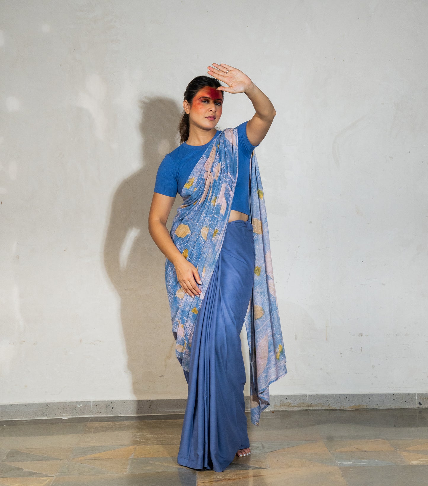 Guava Leaves Half Printed & Half Plain Design Denim Blue Modal Saree ( Hand Dyed With Indigo Powder & Manjeestha Roots)