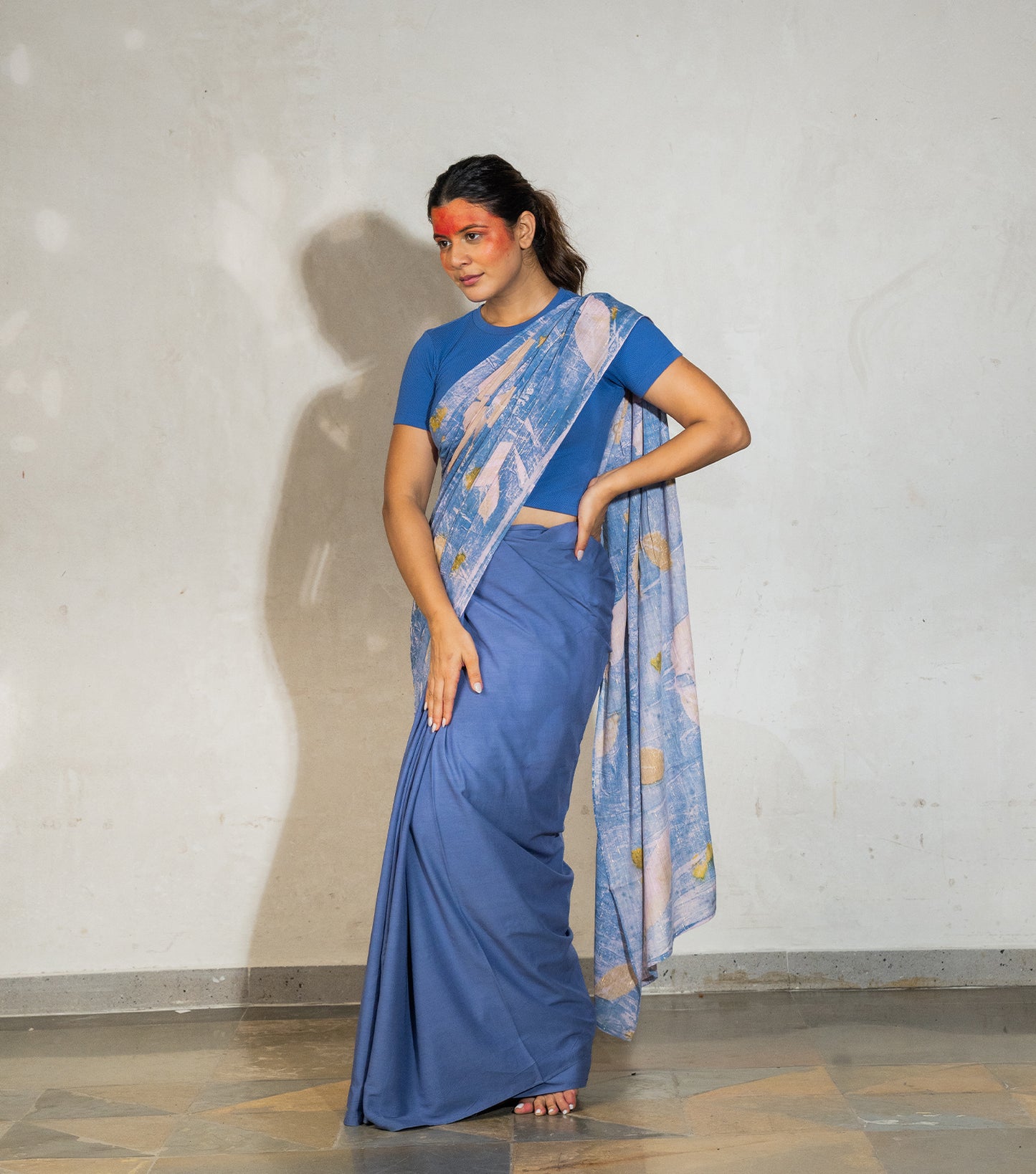 Guava Leaves Half Printed & Half Plain Design Denim Blue Modal Saree ( Hand Dyed With Indigo Powder & Manjeestha Roots)