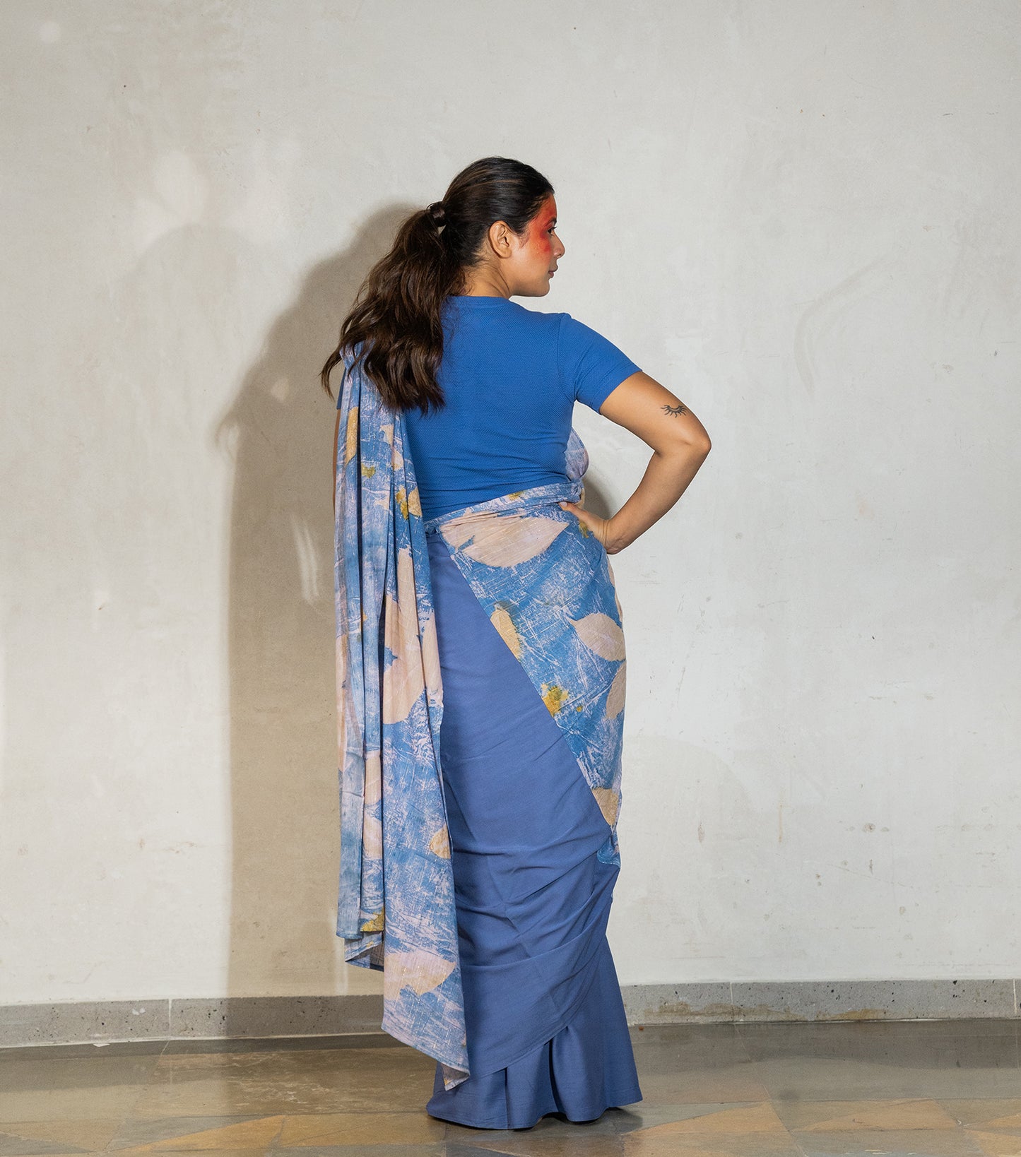 Guava Leaves Half Printed & Half Plain Design Denim Blue Modal Saree ( Hand Dyed With Indigo Powder & Manjeestha Roots)