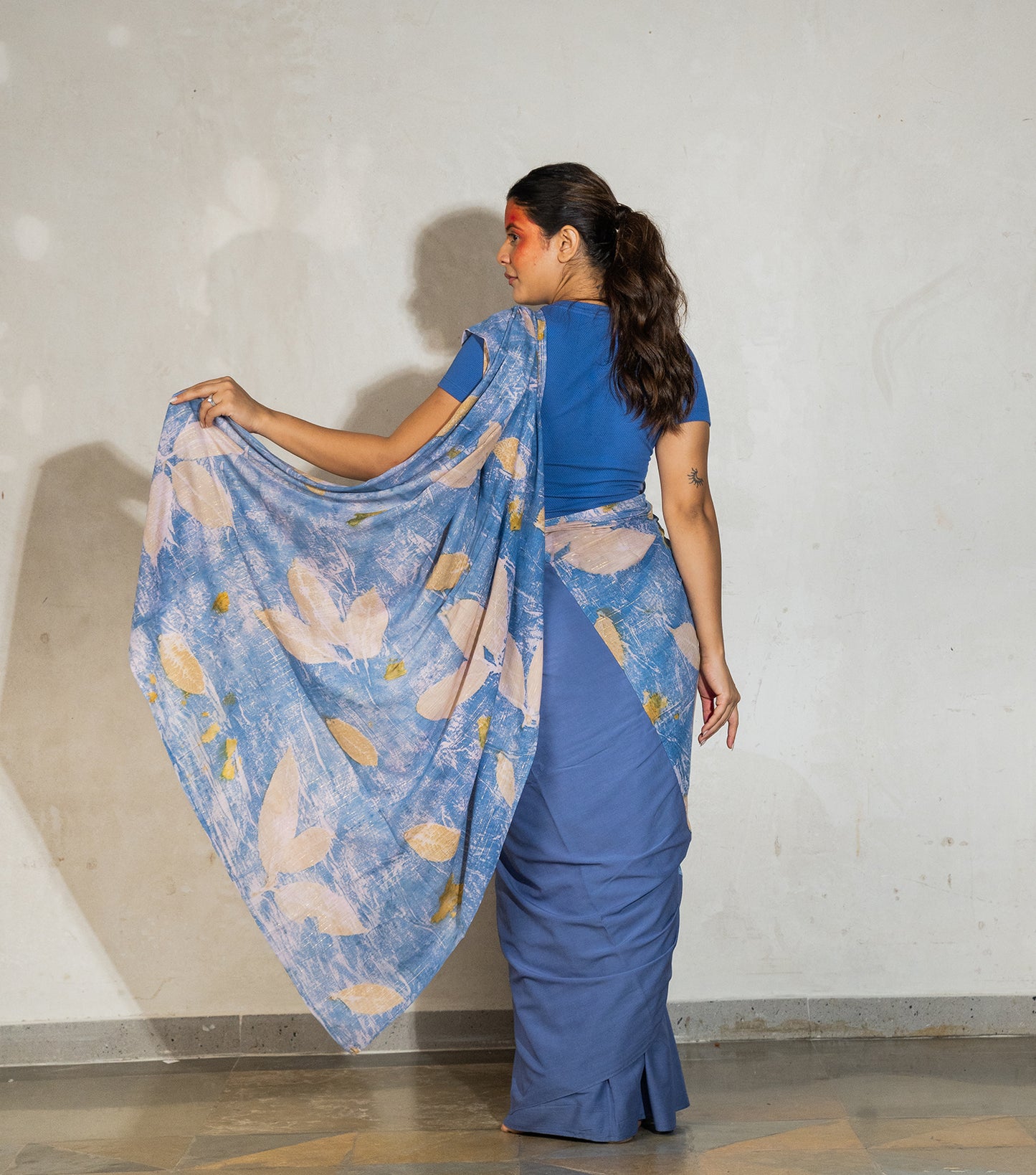 Guava Leaves Half Printed & Half Plain Design Denim Blue Modal Saree ( Hand Dyed With Indigo Powder & Manjeestha Roots)