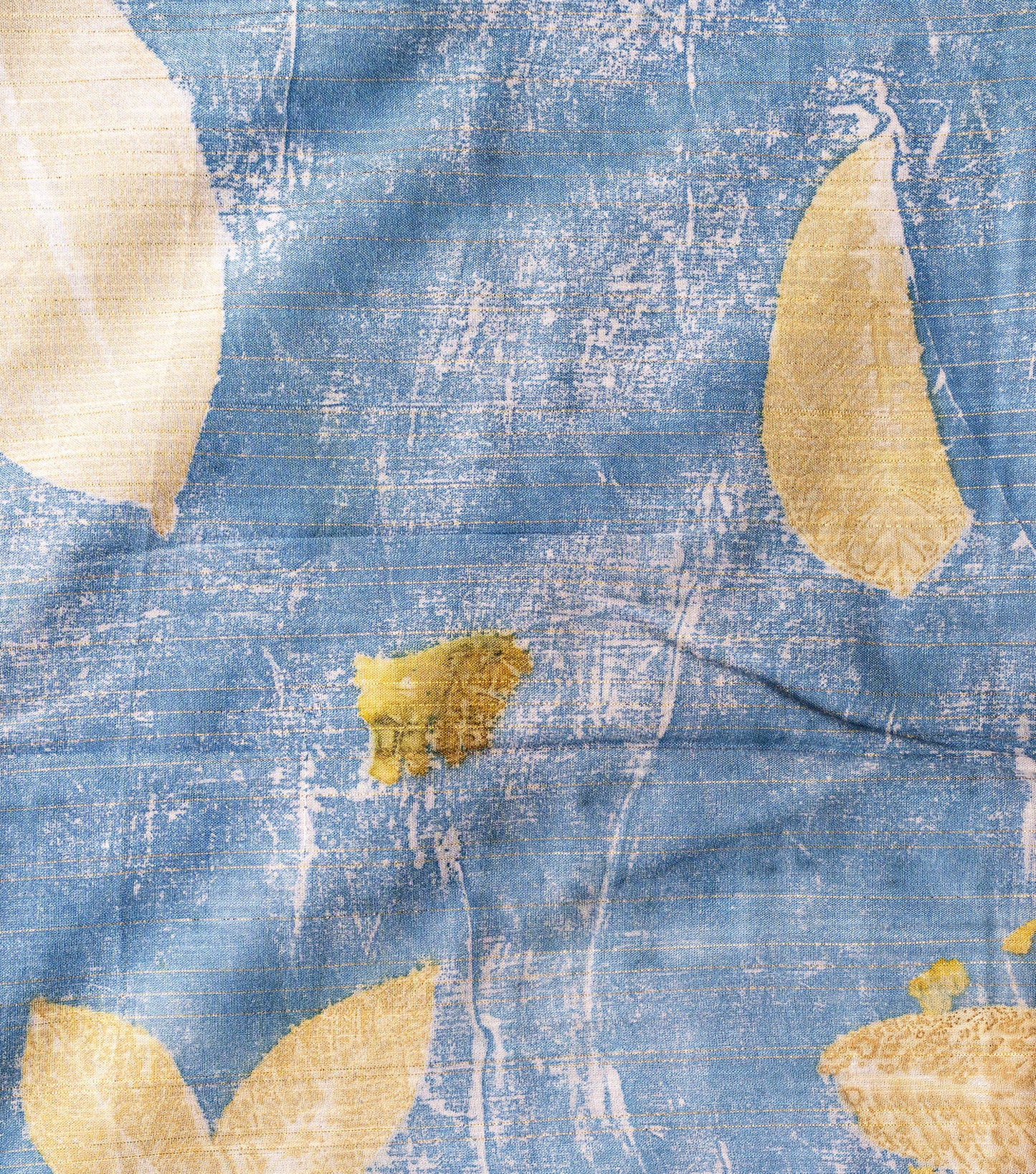 Guava Leaves Half Printed & Half Plain Design Denim Blue Modal Saree ( Hand Dyed With Indigo Powder & Manjeestha Roots)