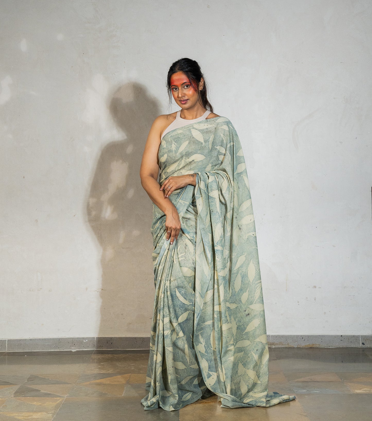 Eucalyptus Leaves All Over Very Light Olive Green Cotton Saree (Hand Dyed With Pomegranate Skin)